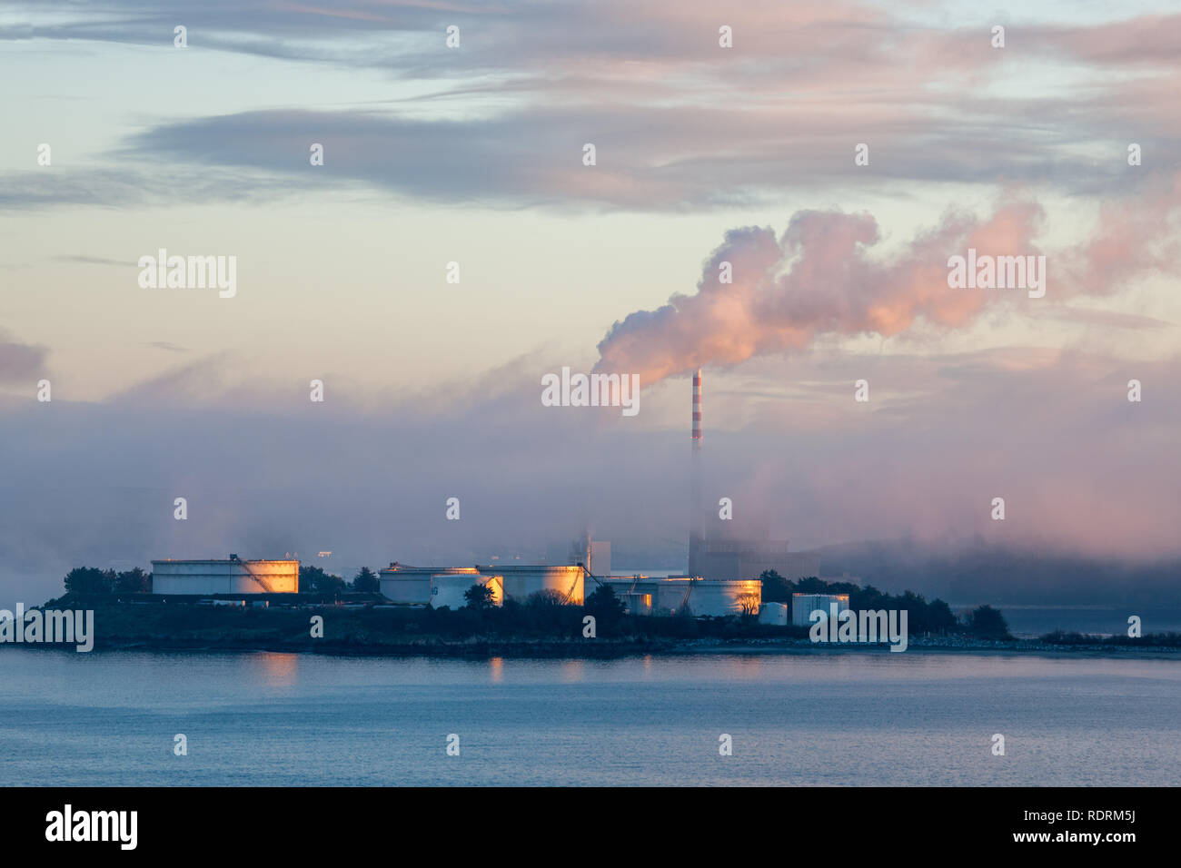 Aghada, Cork, Ireland. 19th January, 2019. Early morning light begans to illuminate the oil refinery storage tanks and the generating station at Aghada, Co. Cork, Ireland. Credit: David Creedon/Alamy Live News Stock Photo