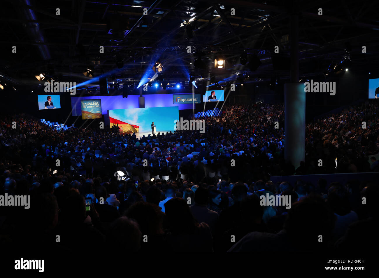 Madrid, Spain. 19th Jan 2019. The audience listening to the speech of Jose Maria Aznar. The PP celebrates its national convention to establish the main lines of its electoral program for the three elections scheduled for May 26 and are key to gauge the leadership of the popular president, Pablo Casado Credit: Jesús Hellin/Alamy Live News Stock Photo