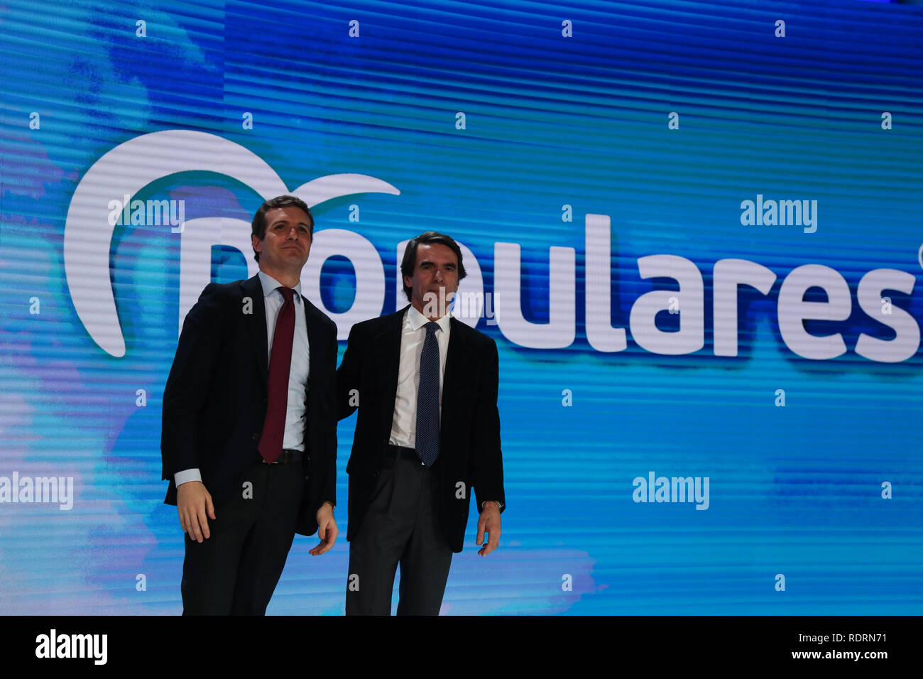 Madrid, Spain. 19th Jan 2019. Pablo Casado and Jose Maria Aznar receiving the applause from the audience. The PP celebrates its national convention to establish the main lines of its electoral program for the three elections scheduled for May 26 and are key to gauge the leadership of the popular president, Pablo Casado Credit: Jesús Hellin/Alamy Live News Stock Photo