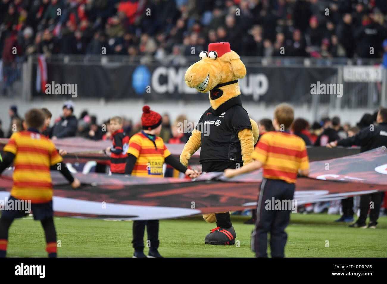 London, UK. 19th Jan, 2019. Saracens muscot during Heineken Champions Cup between Saracens v Glasgow Warriors at Allianz Park on Saturday, 19 January 2019. LONDON ENGLAND.  (Editorial use only, license required for commercial use. No use in betting, games or a single club/league/player publications.) Credit: Taka Wu/Alamy Live News Stock Photo