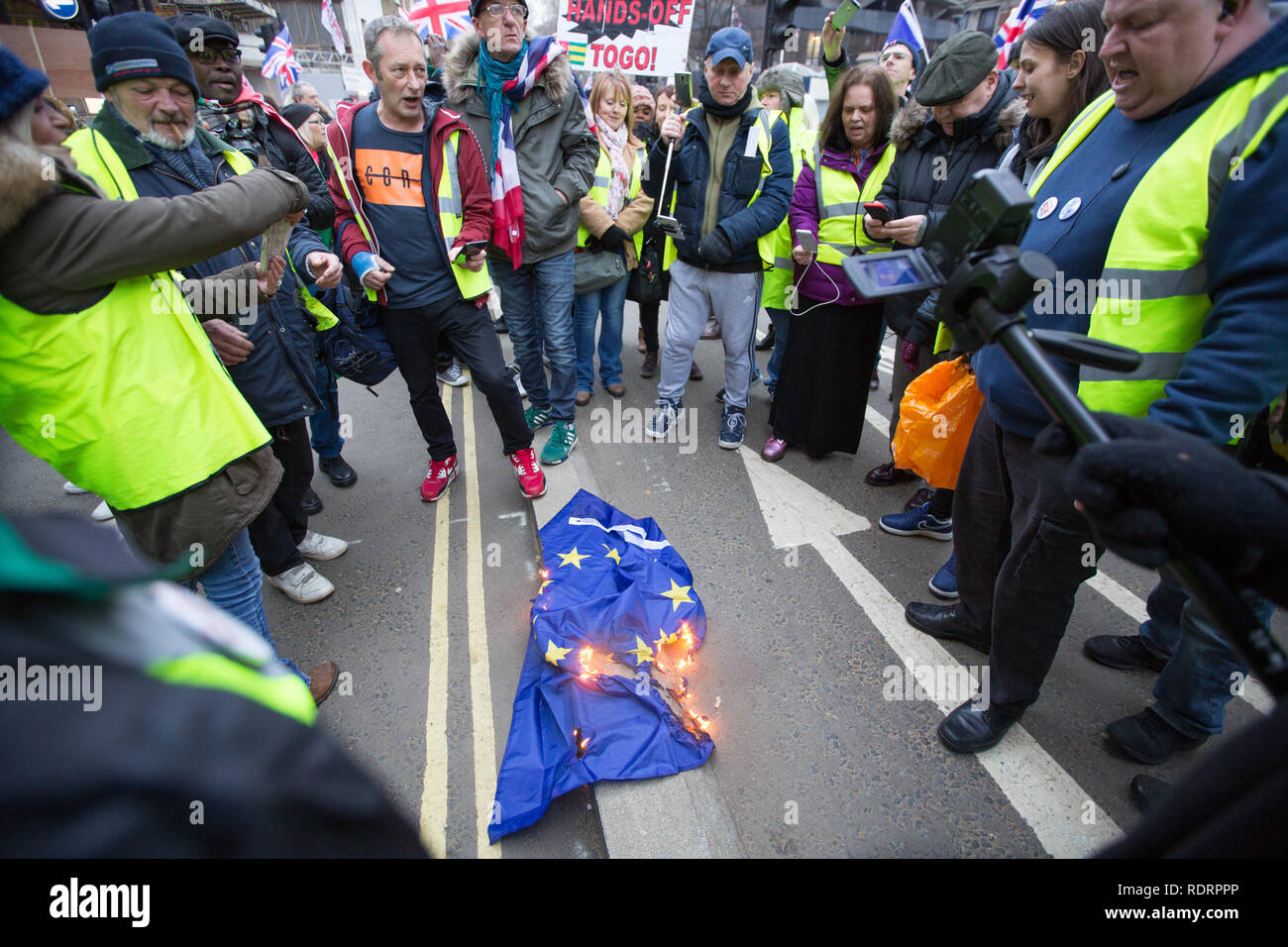 London, UK. 19th January 2019. Yellow Vest protsters march around Central London and burn an EU flag Credit: George Cracknell Wright/Alamy Live News Stock Photo