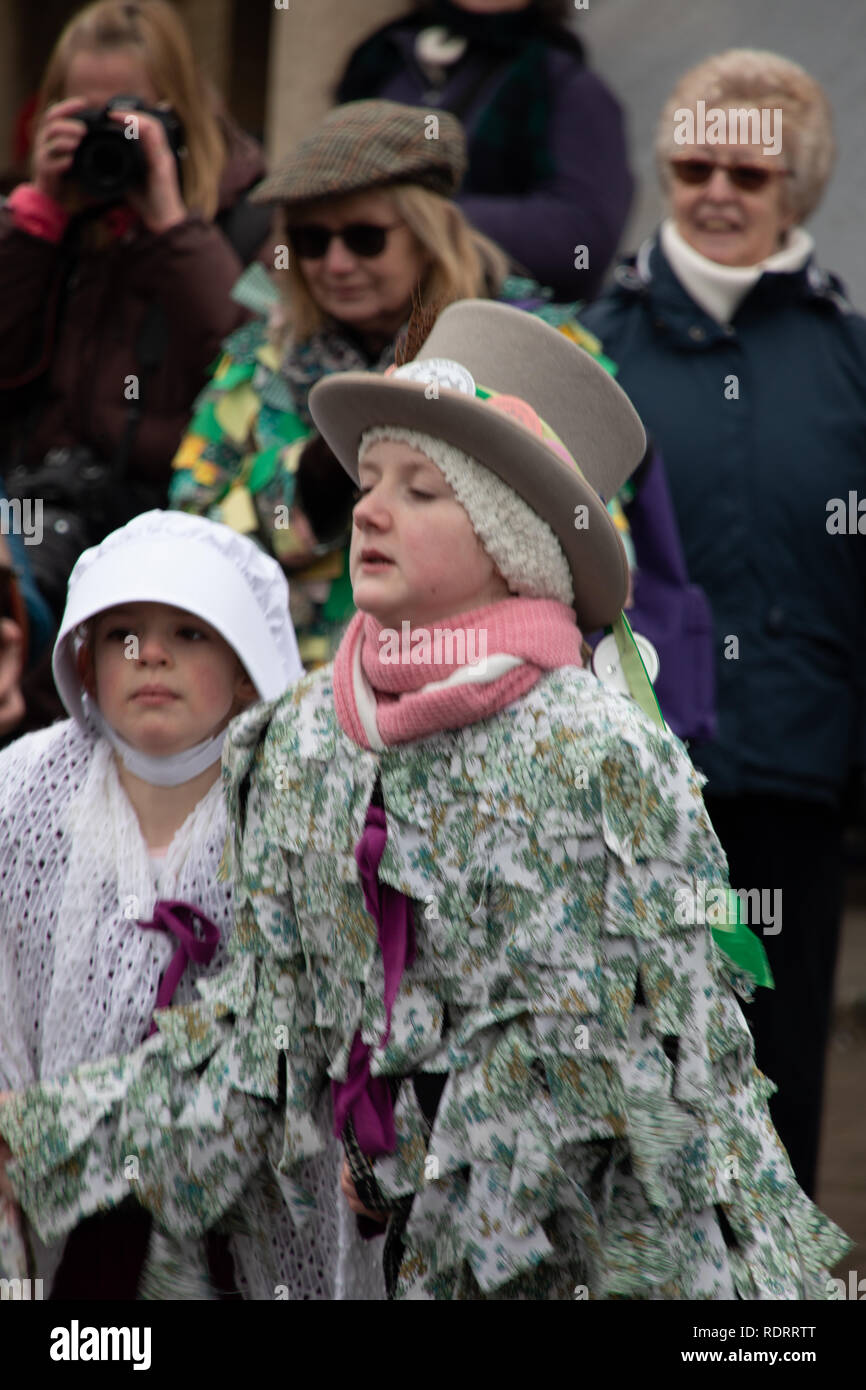 Whittlesey, Cambridgeshire, UK. 19th Jan, 2019. Whittlesey is hosting the 40th The Straw Bear Festival procession on January 19, 2018. The  festival celebrates the old Fenland plough custom of parading straw bears around the town every January where they would then consume beer tobacco and beef.  The procession, led by the Straw Bear, has over 2o0 dancers, musicians and performers. They perform traditional Molly, Morris, Clog and Sword dancing. There are concerts planned for the evenings Credit: WansfordPhoto/Alamy Live News Stock Photo