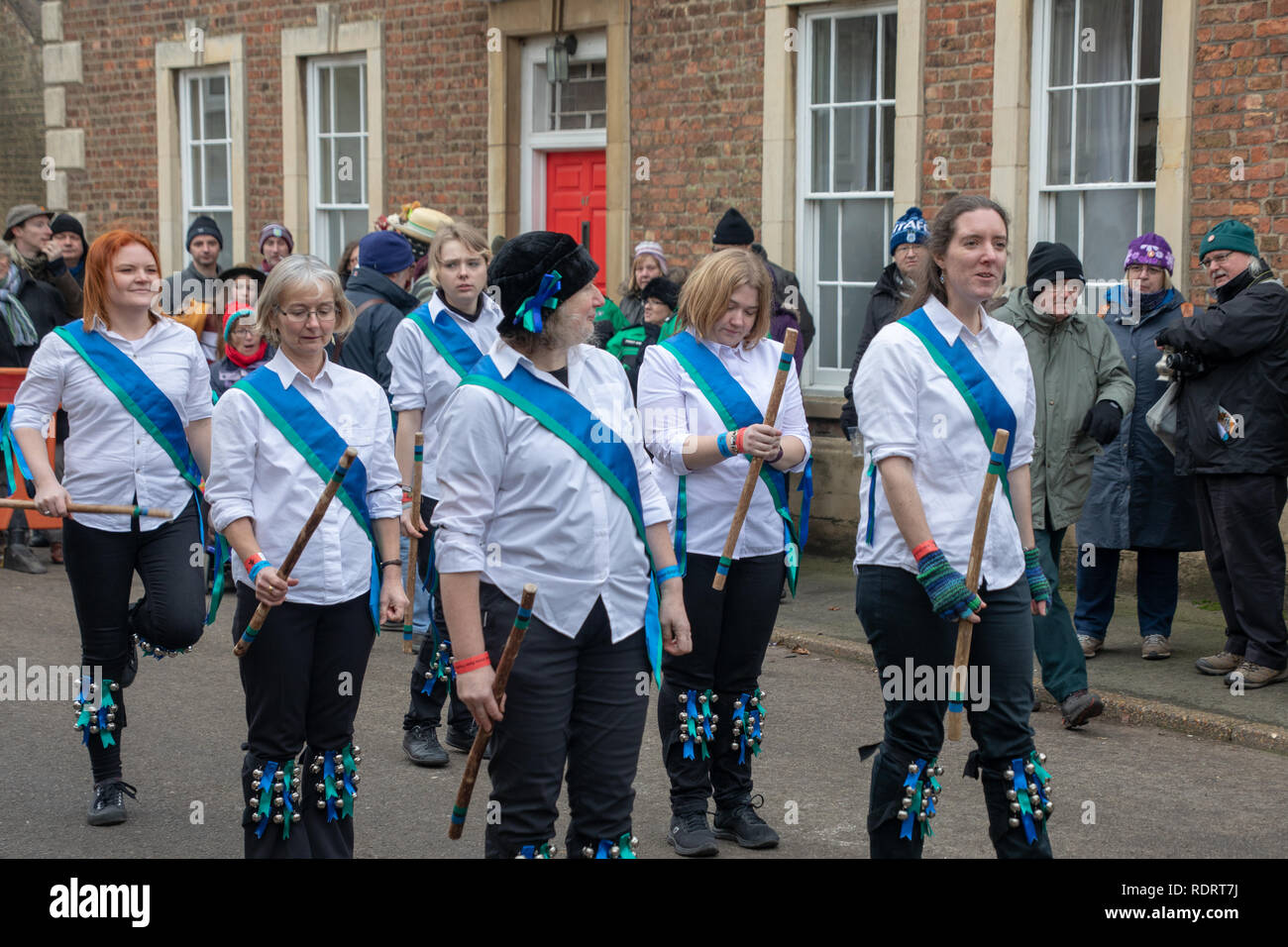 Whittlesey, Cambridgeshire, UK. 19th Jan, 2019. Whittlesey is hosting the 40th The Straw Bear Festival procession on January 19, 2018. The  festival celebrates the old Fenland plough custom of parading straw bears around the town every January where they would then consume beer tobacco and beef.  The procession, led by the Straw Bear, has over 2o0 dancers, musicians and performers. They perform traditional Molly, Morris, Clog and Sword dancing. There are concerts planned for the evenings Credit: WansfordPhoto/Alamy Live News Stock Photo