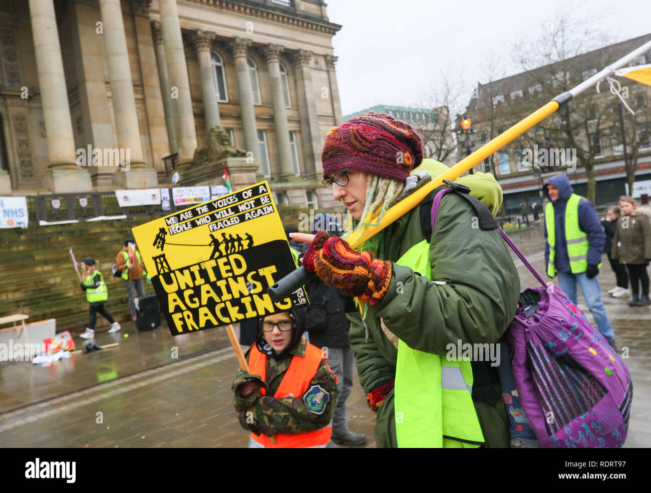Bolton, UK. 19 January 2019. Bolton, Lancashire, UK. The Bolton Yellow Vest Protest saw a crowds f people in high-visibility jackets gather at 12.30pm on Saturday, January 19, in Victoria Square in front of the Town Hall in association with other rallies organised by The People's Assembly.  Leila Hassan and Sasha Roper are part of Stand Up To Racism Bolton, the group which is organising the rally. They take inspiration from the 'yellow vest' protests in France which have seen hundreds of thousands of people march against austerity policies in Paris.   Credit: Phil Taylor/Alamy Live News Stock Photo