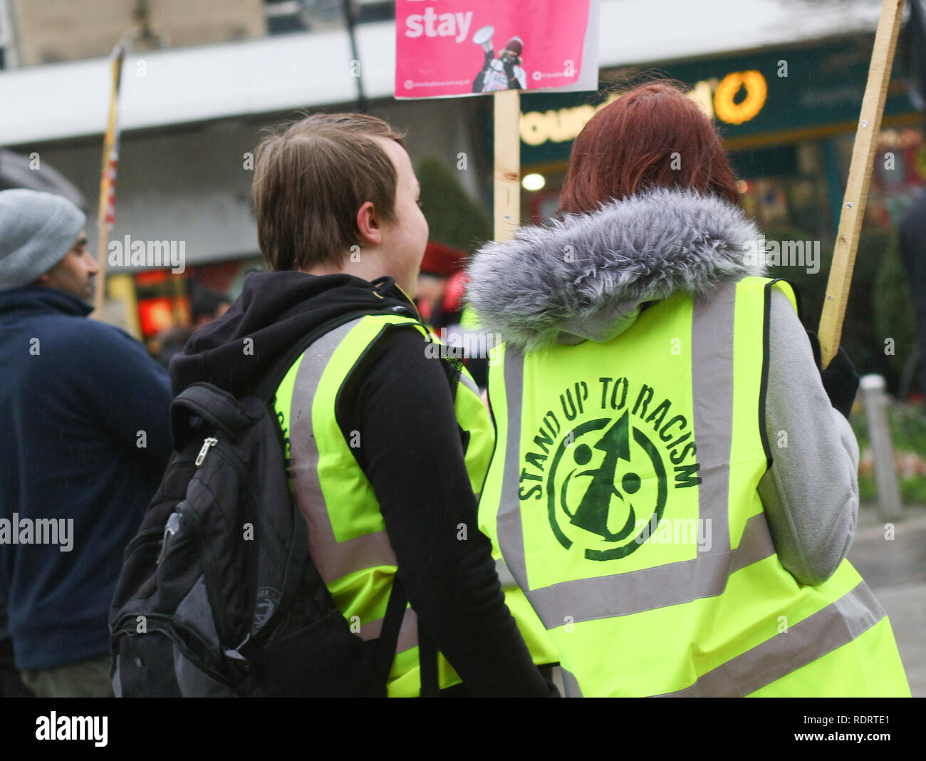 Bolton, UK. 19 January 2019. Bolton, Lancashire, UK. The Bolton Yellow Vest Protest saw a crowds f people in high-visibility jackets gather at 12.30pm on Saturday, January 19, in Victoria Square in front of the Town Hall in association with other rallies organised by The People's Assembly.  Leila Hassan and Sasha Roper are part of Stand Up To Racism Bolton, the group which is organising the rally. They take inspiration from the 'yellow vest' protests in France which have seen hundreds of thousands of people march against austerity policies in Paris.   Credit: Phil Taylor/Alamy Live News Stock Photo