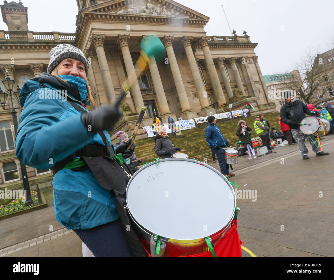 Bolton, UK. 19 January 2019. Bolton, Lancashire, UK. The Bolton Yellow Vest Protest saw a crowds f people in high-visibility jackets gather at 12.30pm on Saturday, January 19, in Victoria Square in front of the Town Hall in association with other rallies organised by The People's Assembly.  Leila Hassan and Sasha Roper are part of Stand Up To Racism Bolton, the group which is organising the rally. They take inspiration from the 'yellow vest' protests in France which have seen hundreds of thousands of people march against austerity policies in Paris.   Credit: Phil Taylor/Alamy Live News Stock Photo