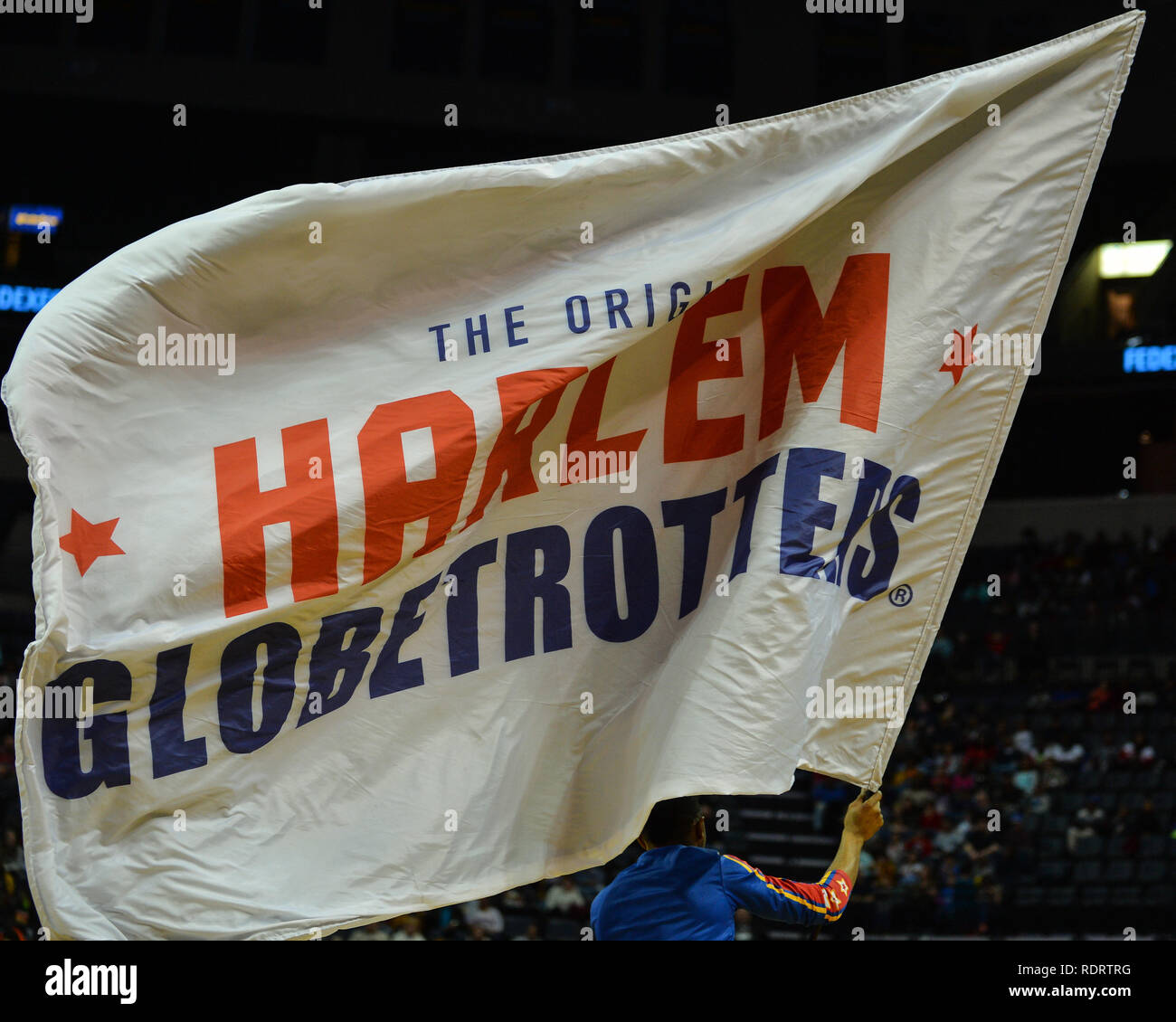 Memphis, TN, USA. 18th Jan, 2019. The Harlem Globetrotters flag flies during the exhibition game against the Washington Generals at Fed Ex Forum in Memphis, TN. Kevin Langley/Sports South Media/CSM/Alamy Live News Stock Photo