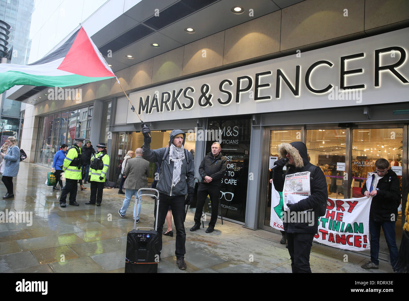 Manchester, UK. 19th January 2019. Pro Palestinian protesters outside marks and spencer during