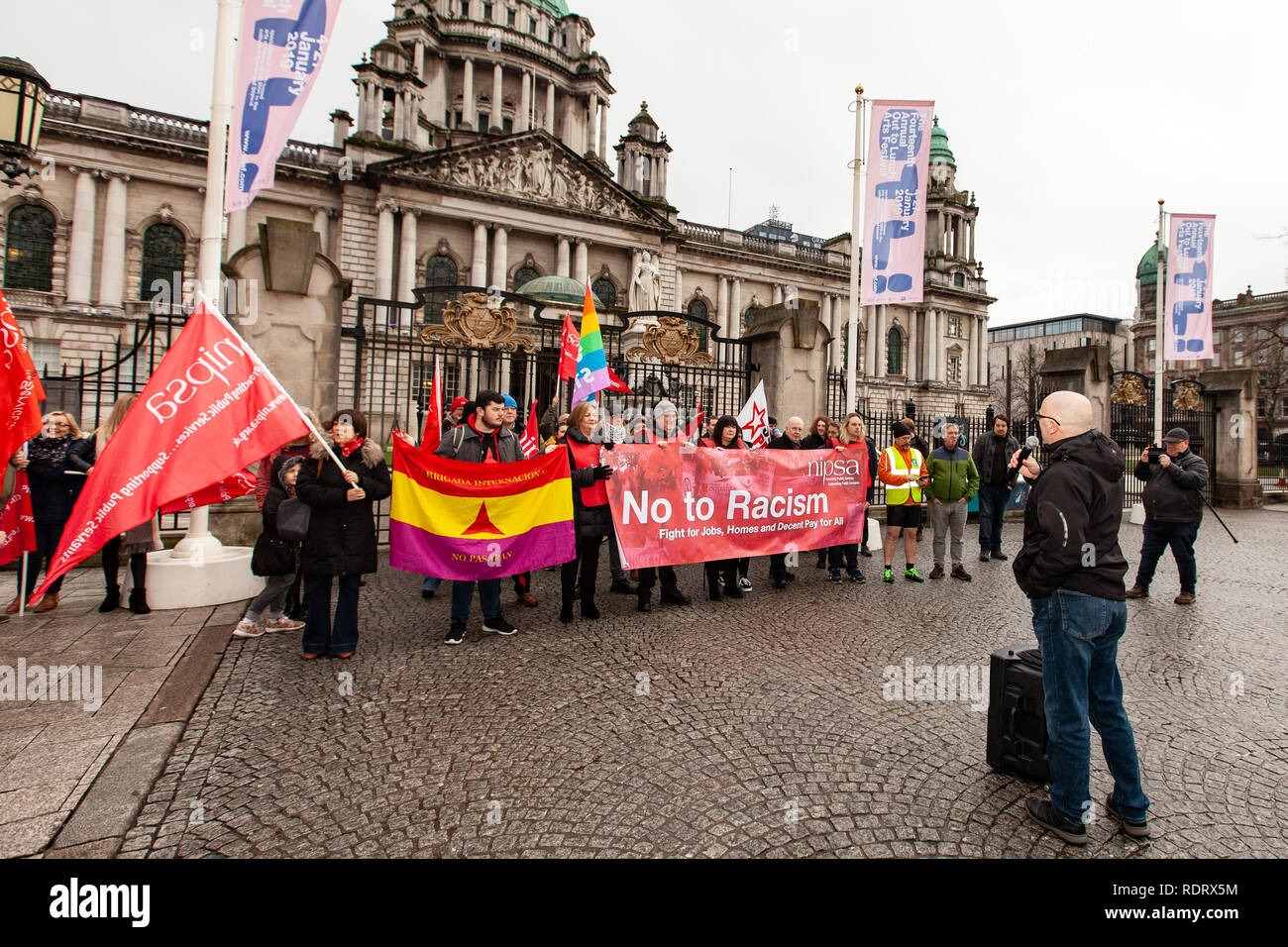 City Hall Belfast, 19/01/2019 Members of the NIPSA Union held an Anti Fascist protest at Belfast City Hall Various Speakers From several different organisations including  NIPSA Union and  People Before Profit (PBP) addressed a small crowd speaking on the topic of fighting Racism from Fascist groups within Northern Ireland Credit: Bonzo/Alamy Live News Stock Photo