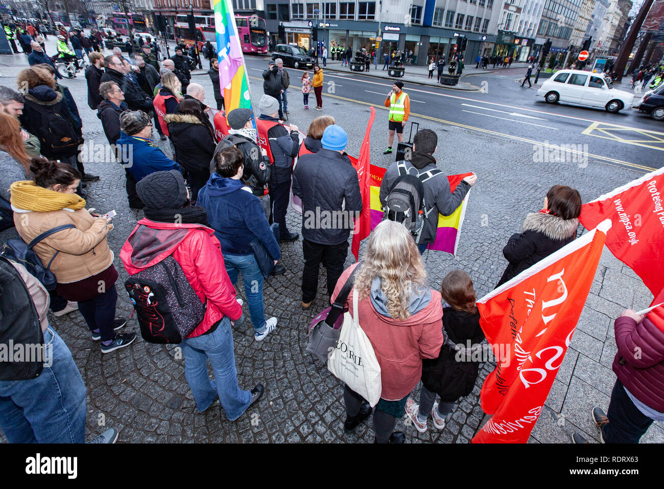 City Hall Belfast, 19/01/2019 Members of the NIPSA Union held an Anti Fascist protest at Belfast City Hall Various Speakers From several different organisations including  NIPSA Union and  People Before Profit (PBP) addressed a small crowd speaking on the topic of fighting Racism from Fascist groups within Northern Ireland Credit: Bonzo/Alamy Live News Stock Photo