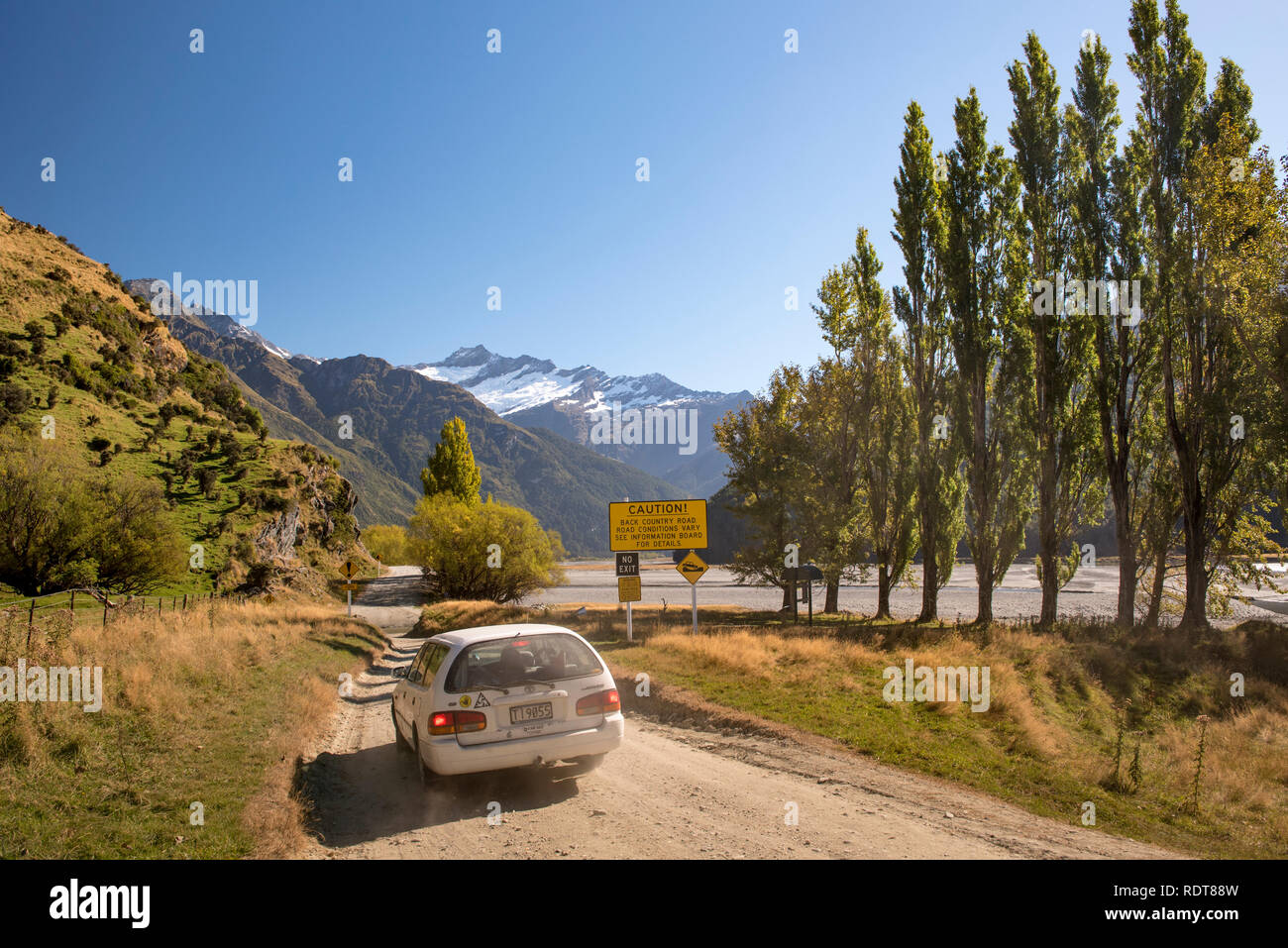 A picturesque drive through the Matukituki Valley leads to the start of the Rob Roy Glacier Track near Wanaka on the South Island of New Zealand. Stock Photo