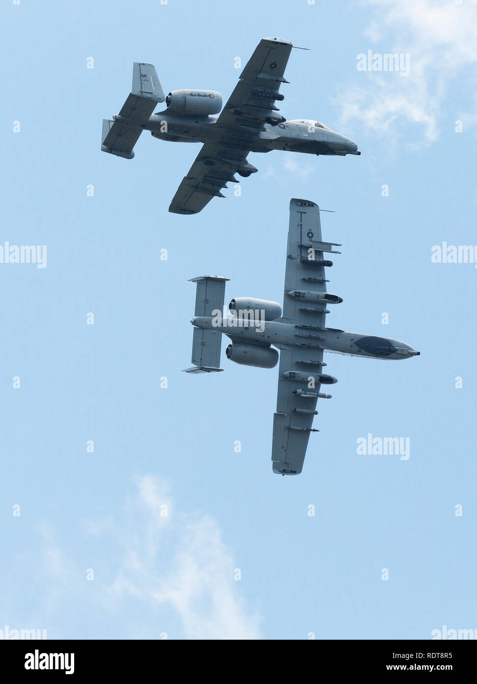 A-10 Thunderbolt II known as the Warthog is the US Air Force twin engine jet with Avenger gatling gun flying at air show Stock Photo