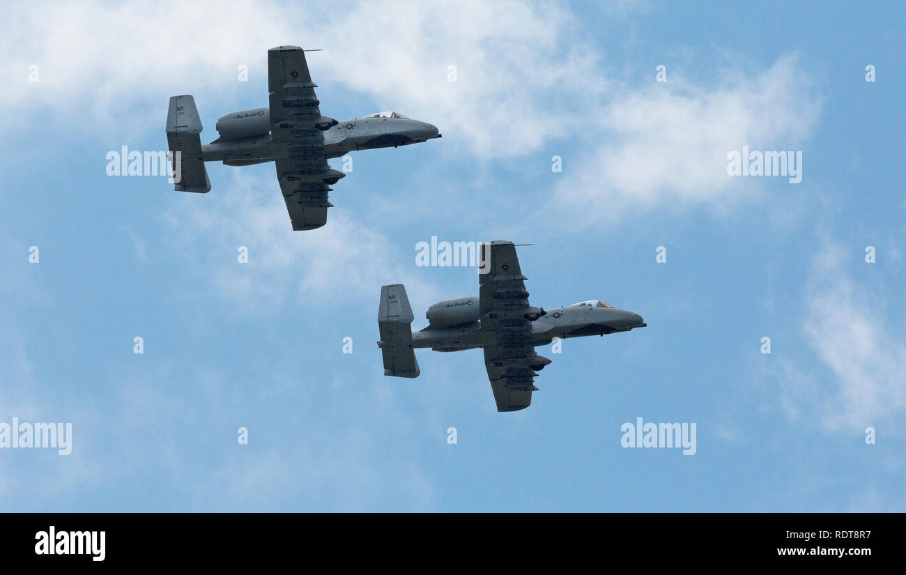 A-10 Thunderbolt II known as the Warthog is the US Air Force twin engine jet with Avenger gatling gun flying at air show Stock Photo