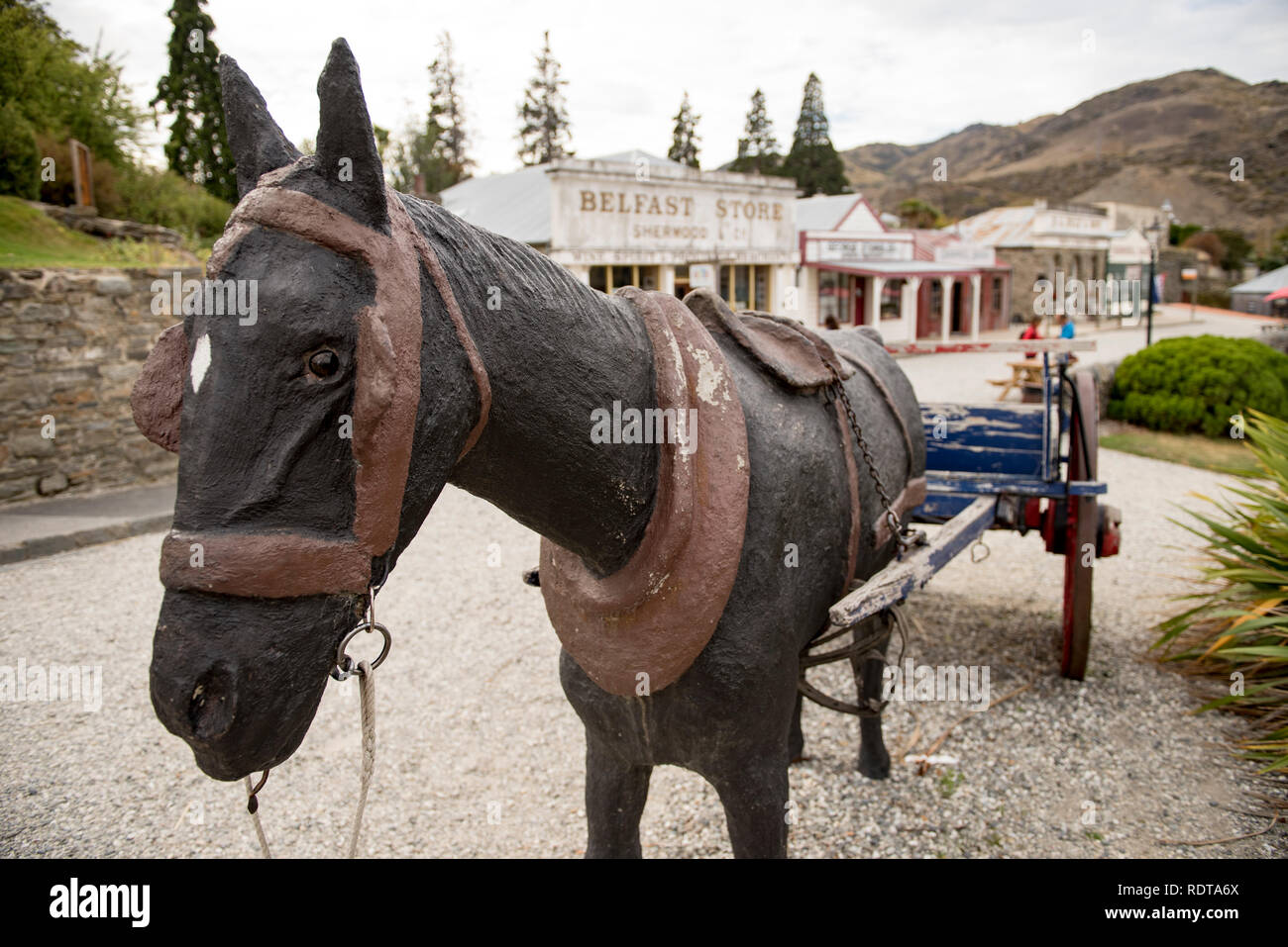 Scene in the Old Cromwell Historic Precinct of Cromwell, Central Otago, New Zealand. Stock Photo