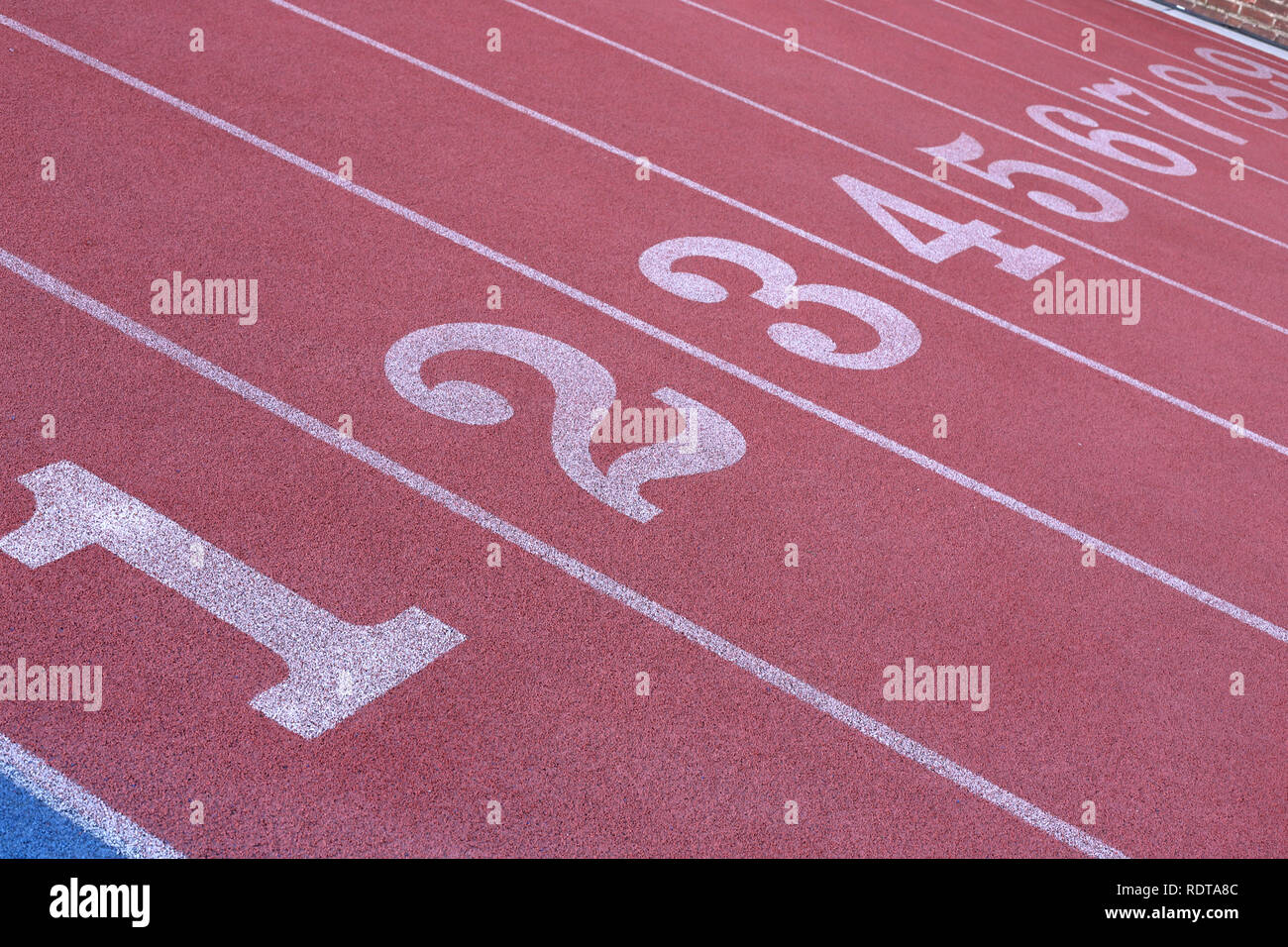 Track and Field Race Course lane numbers 1 thru 9 Stock Photo