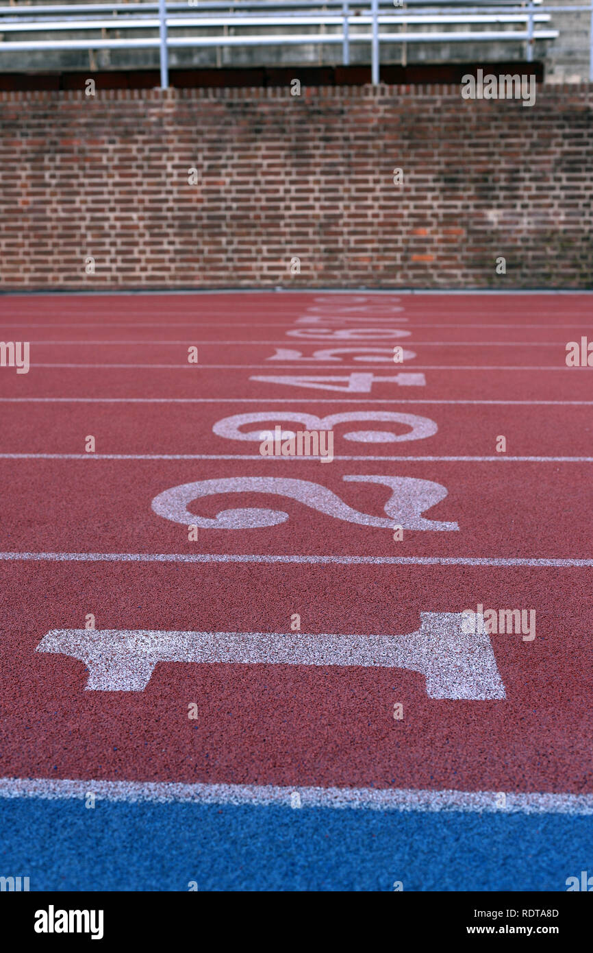 Track and Field Race Course lane numbers Stock Photo