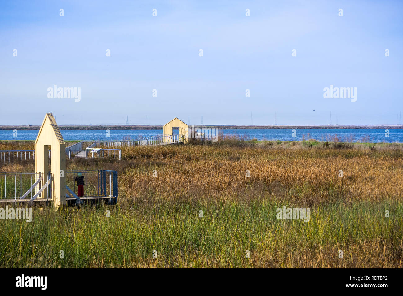 Walkway through the marsh at Alviso Marina County Park, San Jose, Santa Clara county, California Stock Photo