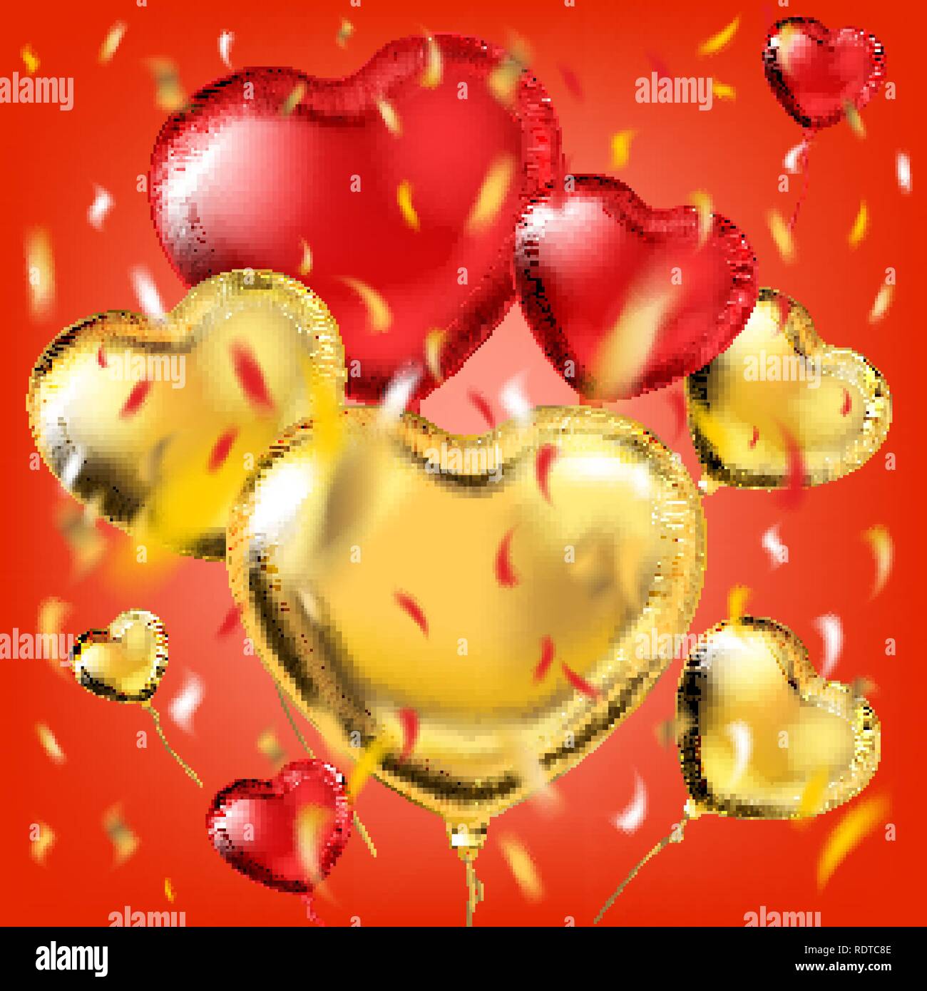 Red card with the gold and red foil heart shape balloons Stock Vector