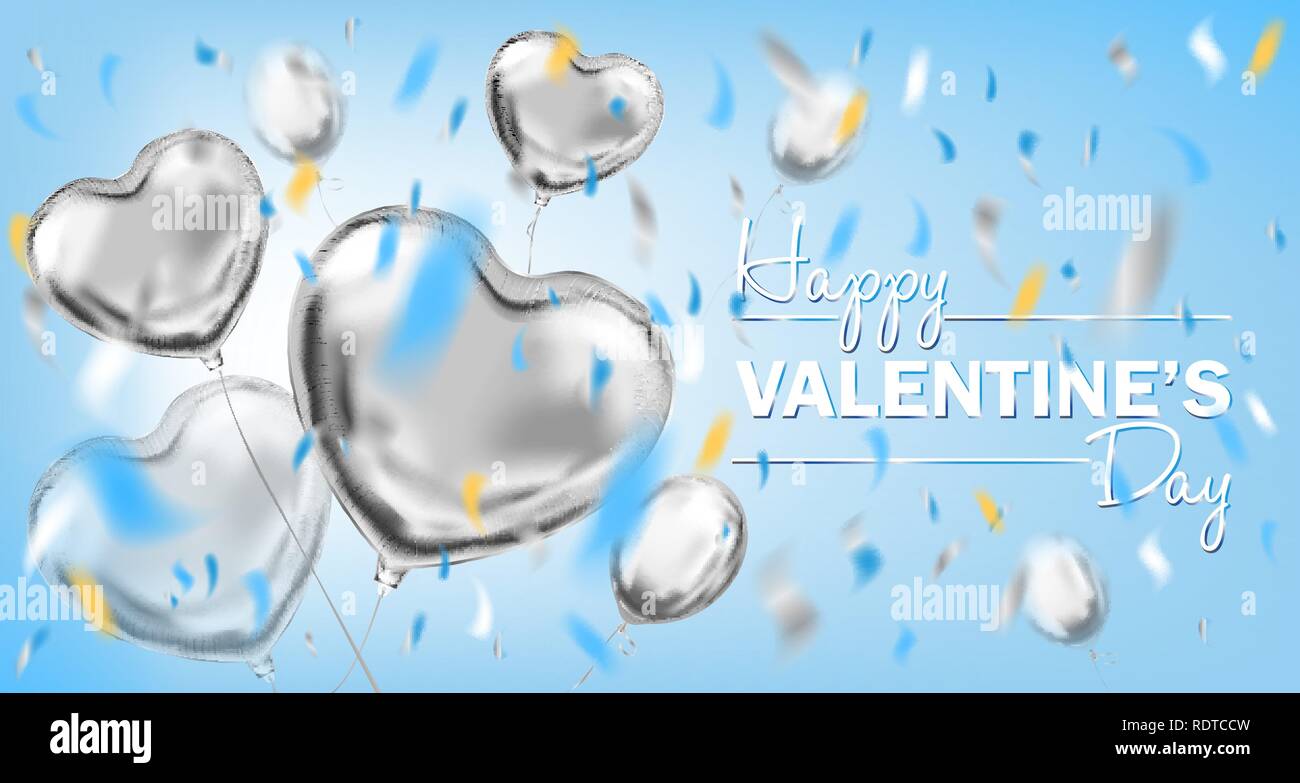 Happy Valentines Day sky blue card with metallic heart shape balloons ...