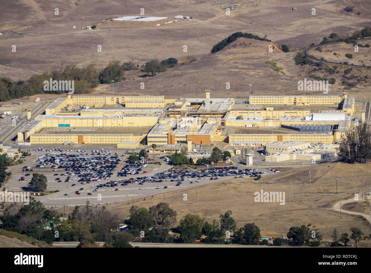 Aerial view of California Men's Colony, a male-only state prison located northwest of the city of San Luis Obispo, San Luis Obispo County, California Stock Photo