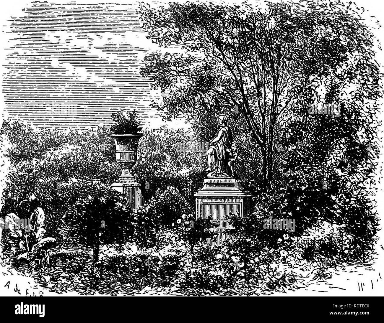 . The parks and gardens of Paris, considered in relation to the wants of other cities and of the public and private gardens; being notes on a study of Paris gardens. Gardening; Gardens; Parks. Chap. V.] THE TUILBRIES GAEDENS. 85 balloons. The culture of Orange, Bay, and other trees in tubs is a custom more justifiable in those parts of Northern Europe where but few evergreens can be grown in the open air, than in France or Britain. Although now we often see handsome specimens of hardy evergreens grown in tubs, tender subjects alone were thus kept when the system originated. It was found that t Stock Photo