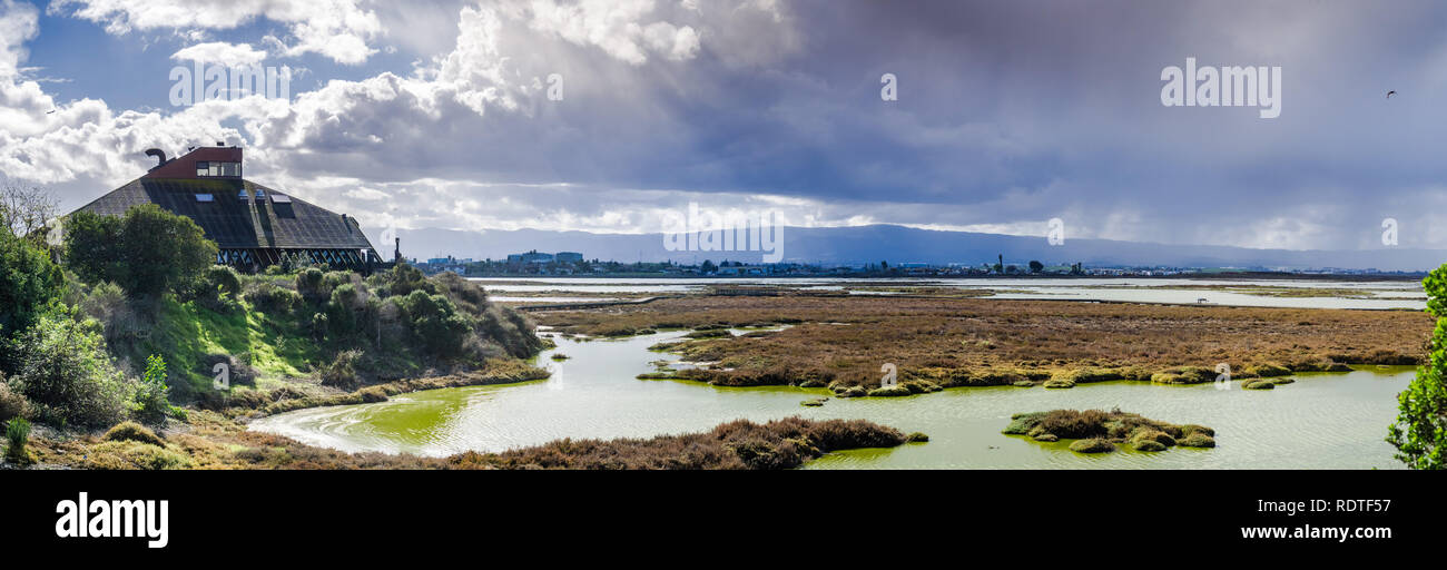 Storm approaching Don Edwards National Wildlife Refuge, Alviso marsh, San Jose, south San Francisco bay, California Stock Photo