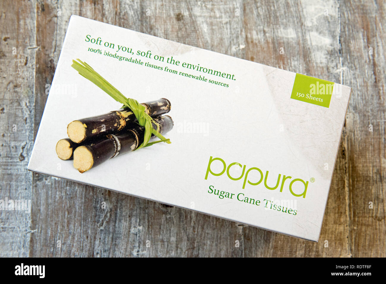 Box of papura sugar cane handkerchiefs, biodegradable tissues or hankies from a sustainable saurce, soft on the environment and zero waste. Stock Photo