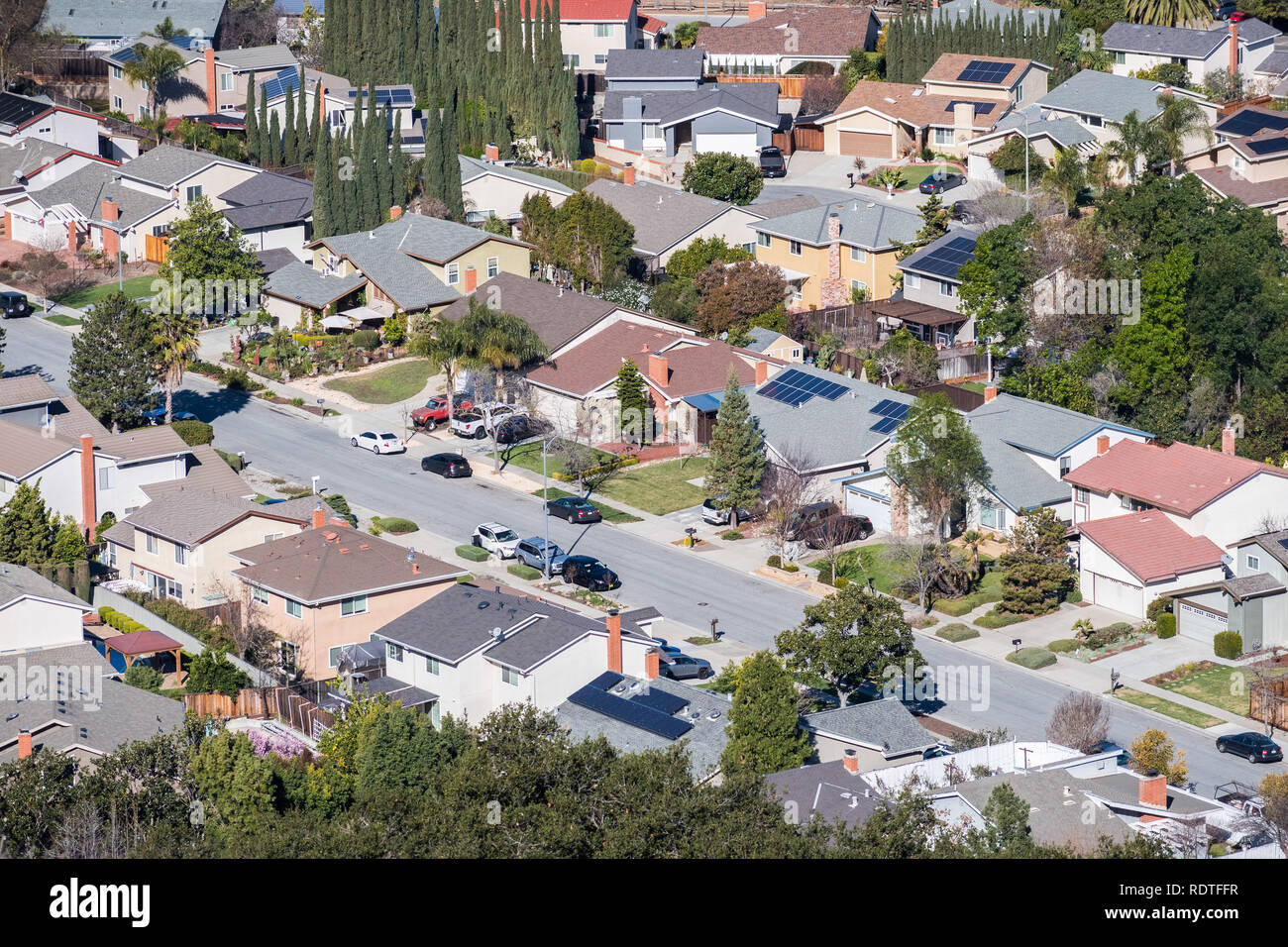 Aerial view of residential neighborhood in San Jose, south San Francisco bay area, California Stock Photo