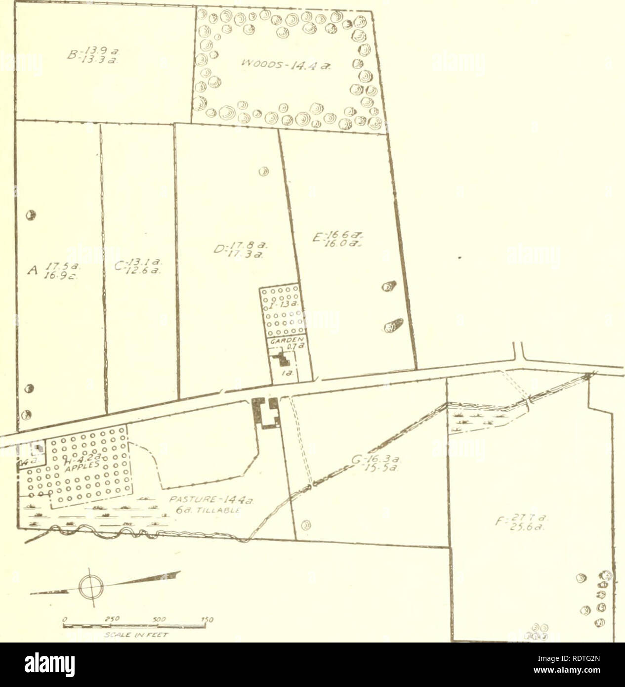 . An economic study of farm layout ... Farm buildings; Agriculture. An Economic Study of Farm Layout 421&quot; divided into eleven fields averaging 9 acres each. On most of these farms a three- to six-years rotation is followed. The fields are smaller and more numerous than is either necessary or desirable. Yory often, several small. Fig. S3, a farm smaller in total area but a little larger in crop area than that SHOWN IN FIGURE 82 The fields arc large and most of them are of good .shape Farm area, 163 acres Average size of farmed fields, 16.7 acres Average distance to farmed fields, 43 rods p Stock Photo
