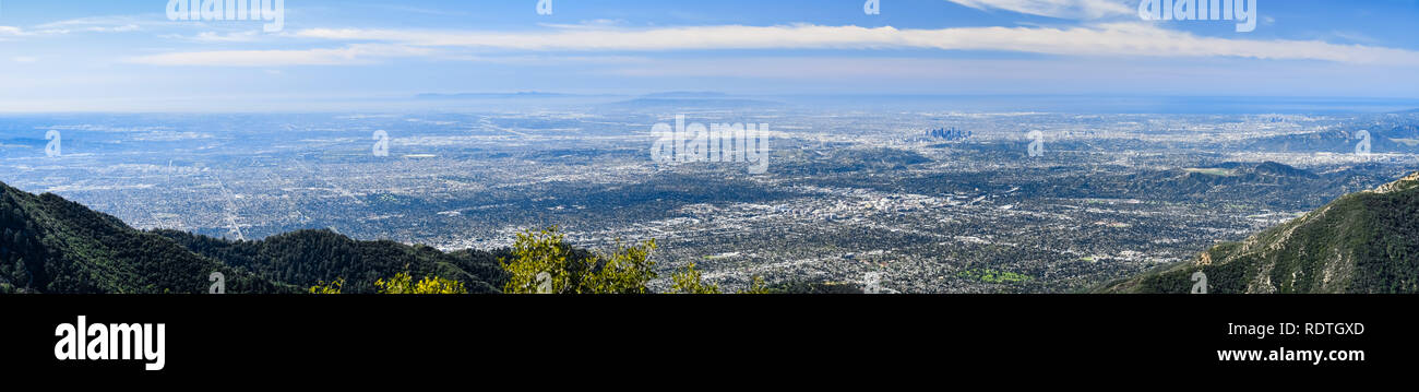 Panoramic aerial view of Los Angeles and the metropolitan area surrounding it; Pacific Ocean coastline in the background, south California Stock Photo