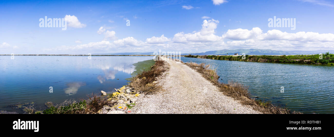 Panoramic view of the bay trail and the wetlands near Sunnyvale, San Francisco bay area, California Stock Photo