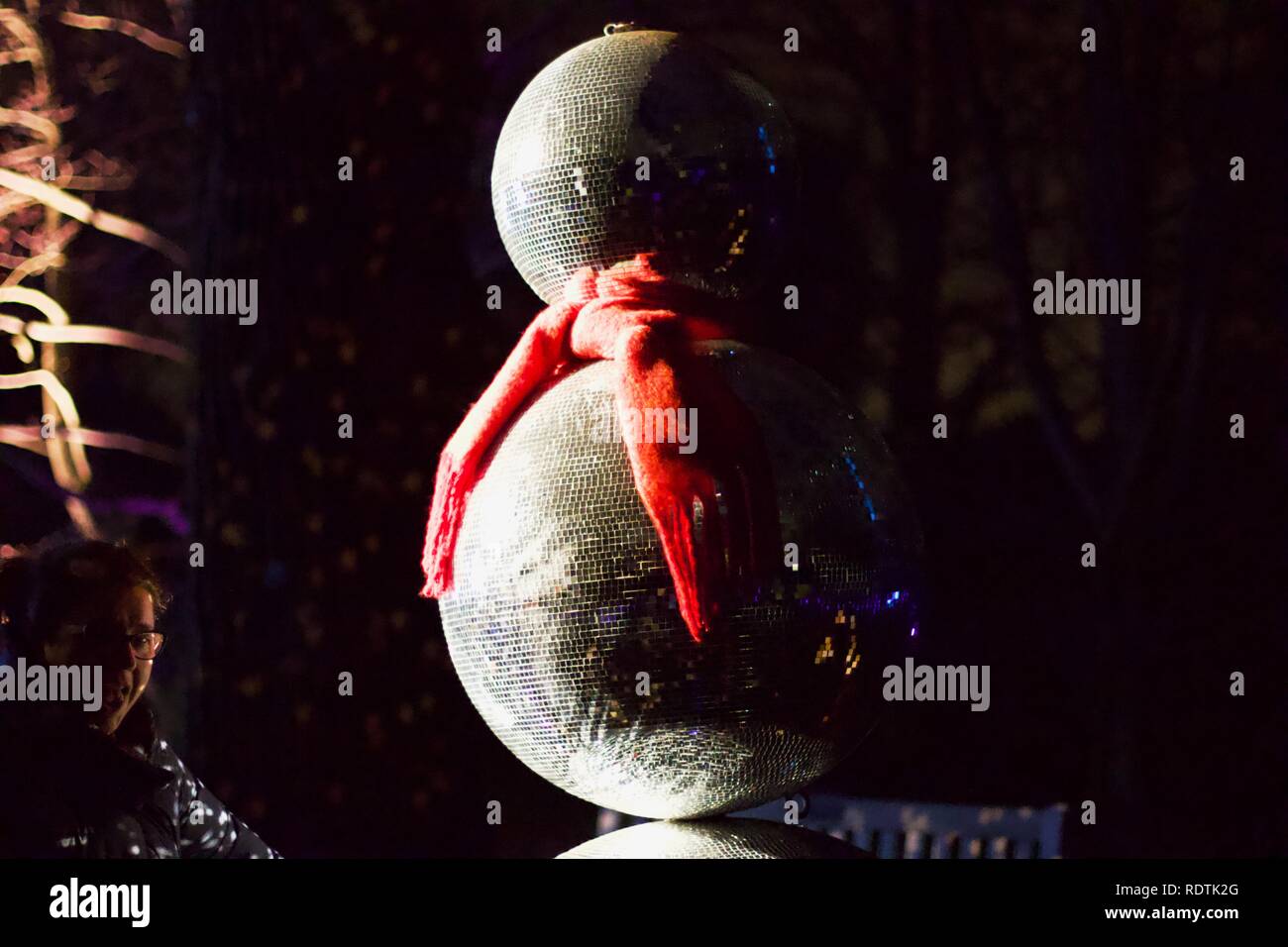 Stacked snowman glitterballs at Christmas at Kew Gardens 2018 Stock Photo