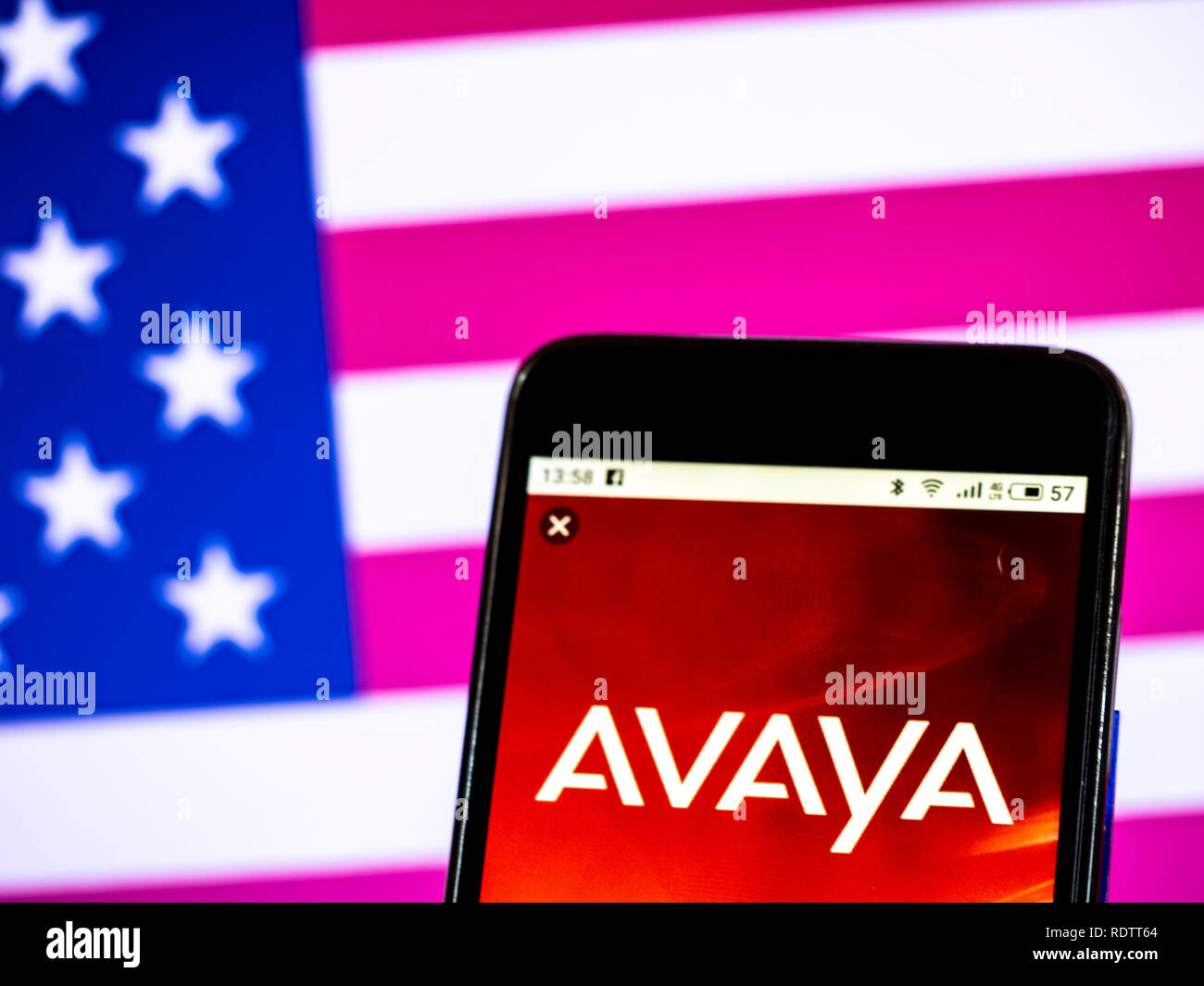 Avaya Technology company logo seen displayed on smart phone Stock Photo