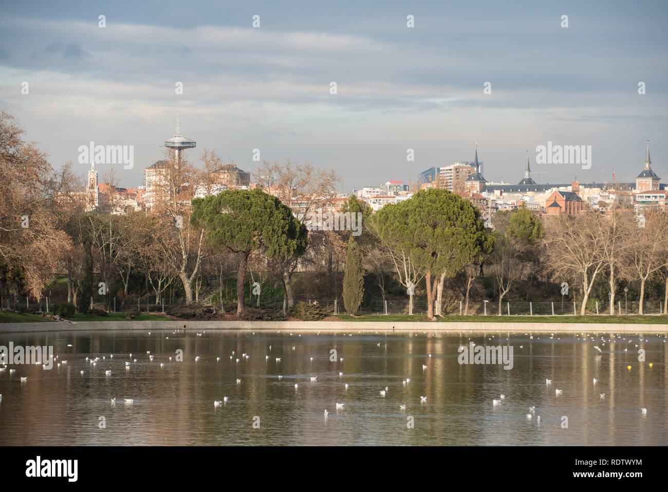 Casa de Campo lake and city skyline, Madrid Stock Photo
