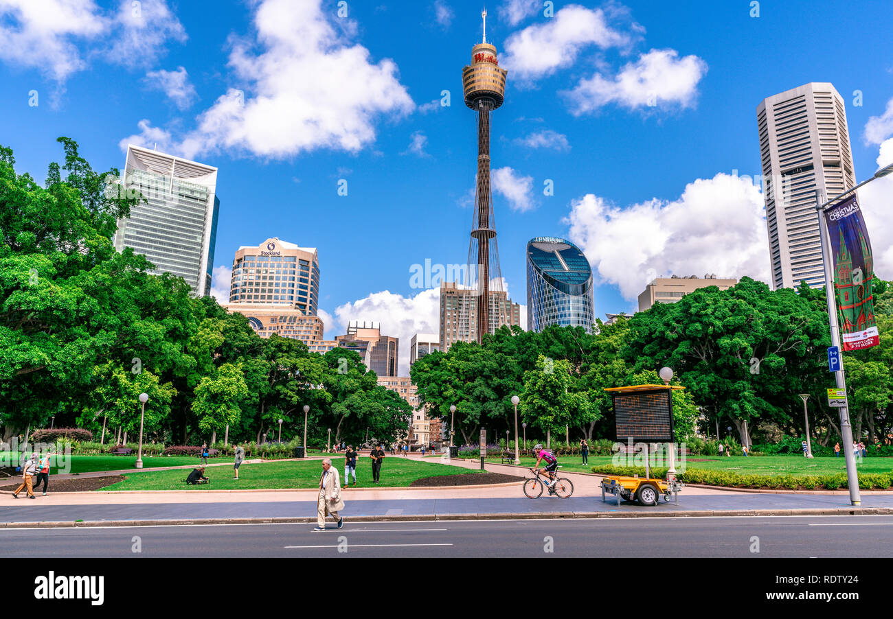 23th December 2018, Sydney NSW Australia: Panorama of Hyde Park with people and Sydney CBD skyline and Sydney tower eye in background in NSW Australia Stock Photo