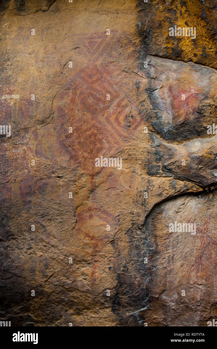 Prehistoric paintings on rock known as petroglyphs in the municipality of Facatativa in Colombia Stock Photo
