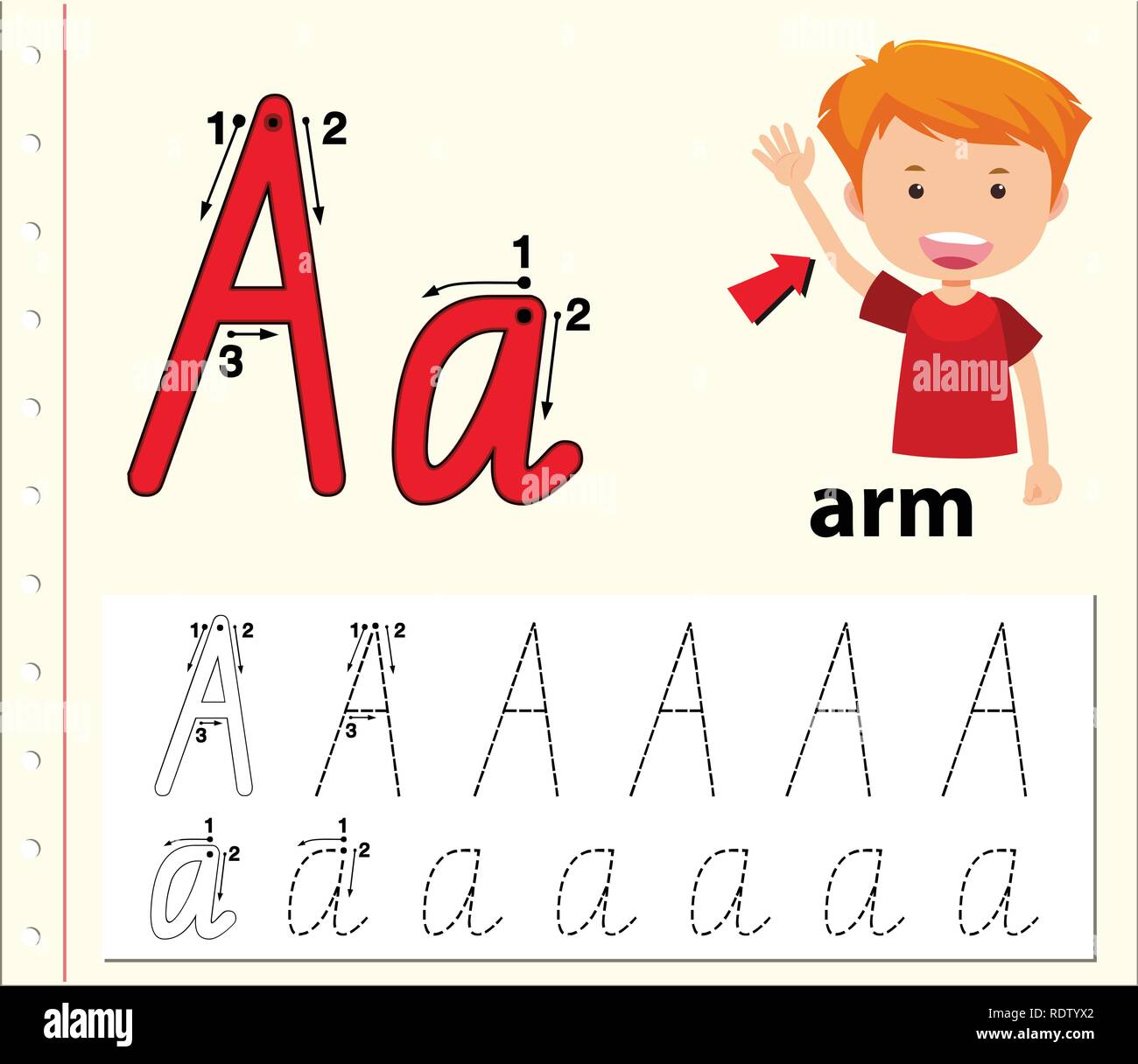 Letter A tracing alphabet worksheets illustration Stock Vector Image