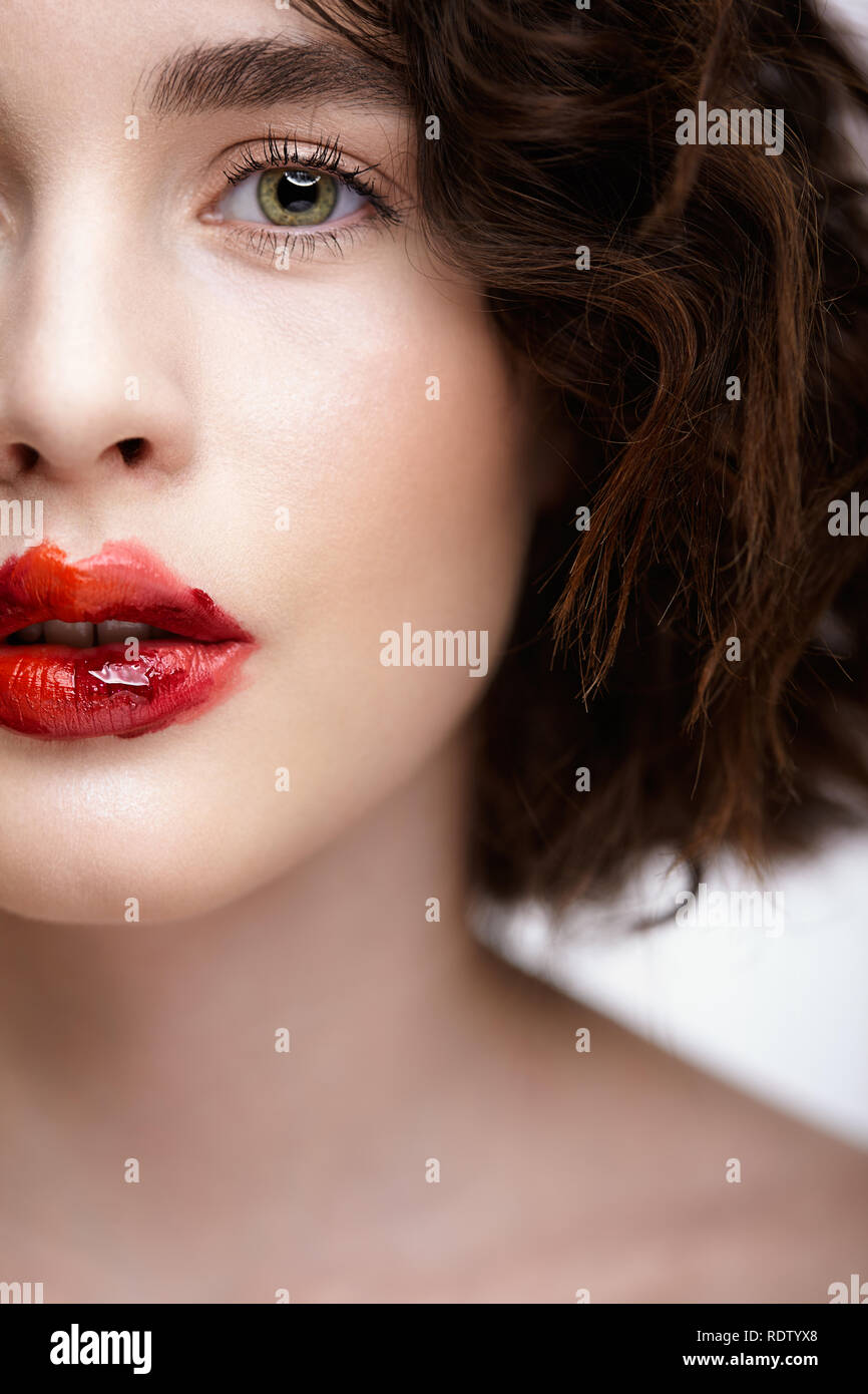 Closeup macro portrait of female face. Human woman half-face with ...