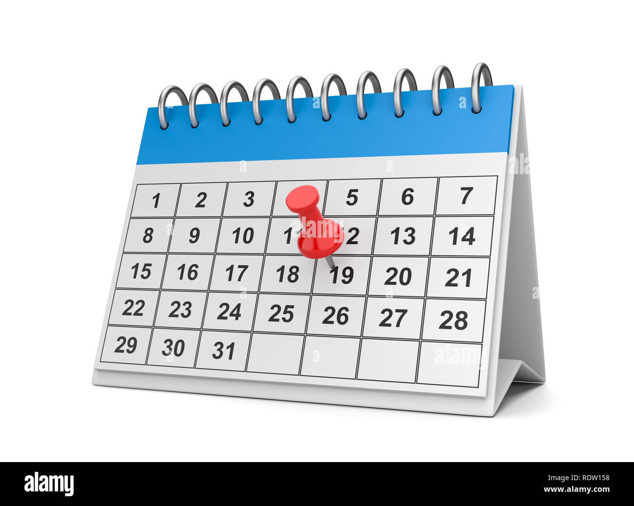 Red Pushpin on a Blue and White Desk Calendar on White Background 3D Illustration Stock Photo