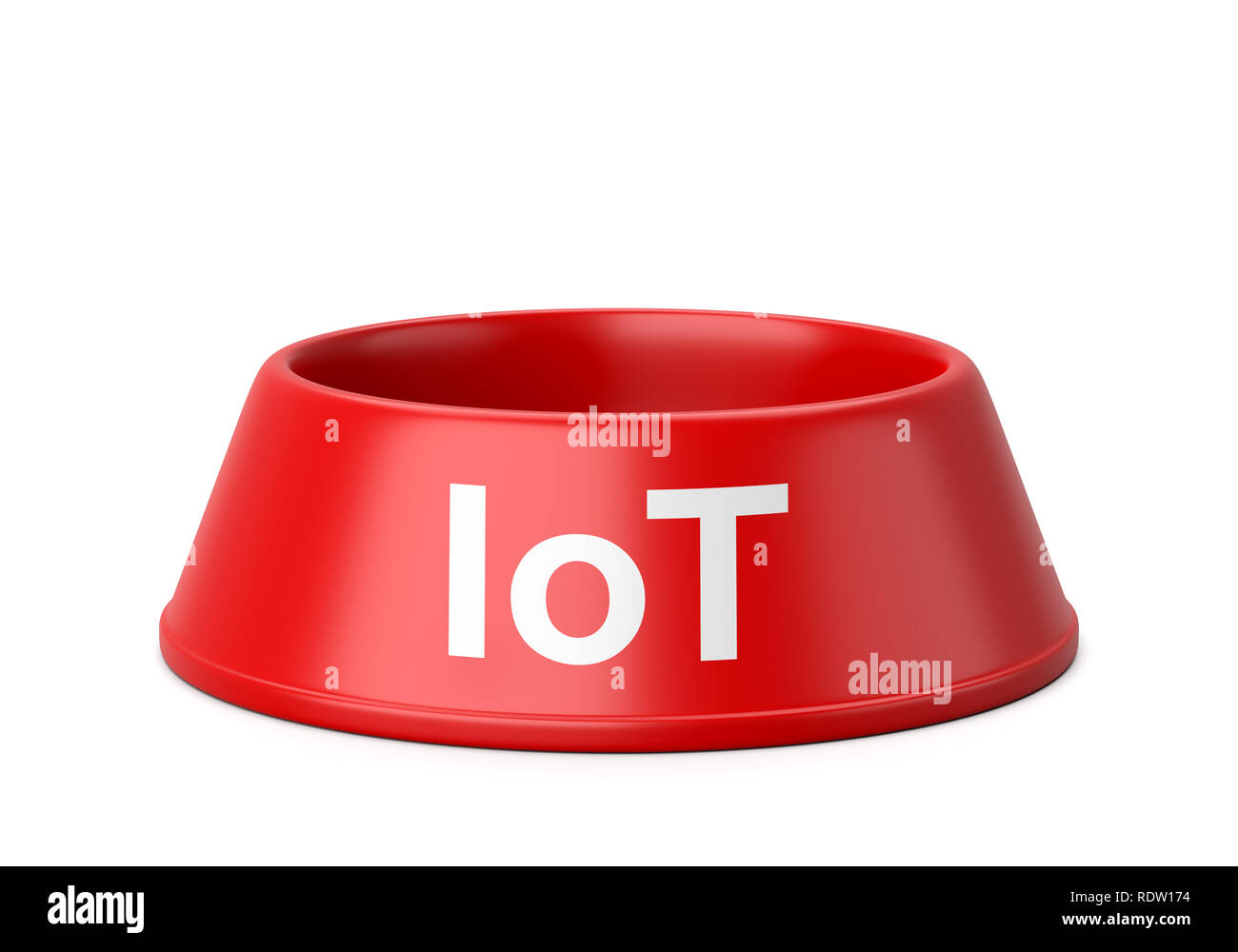Empty Red Plastic Pet’s Bowl with IoT Text Isolated on White Background 3D Illustration, Internet of Things Concept Stock Photo