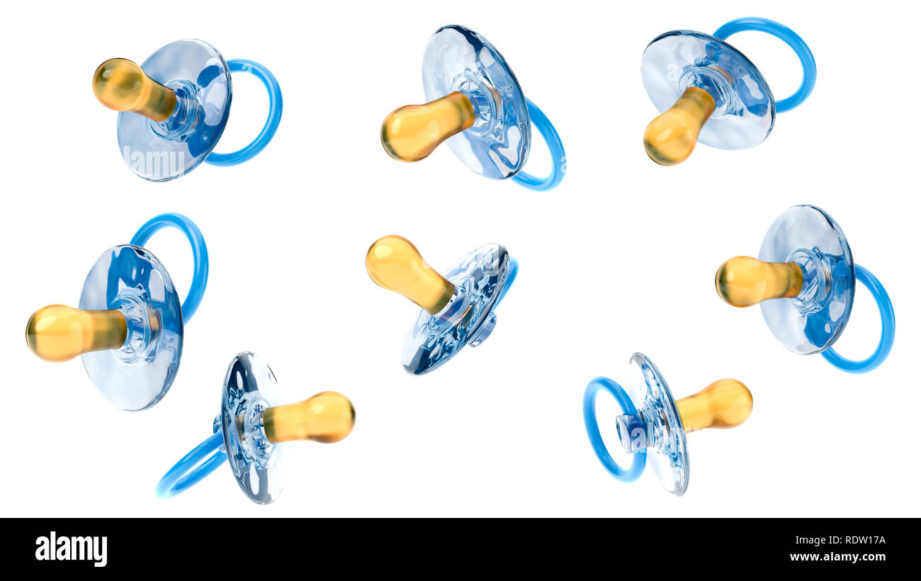 Blue Baby's Pacifiers Isolated on White Background, 3D Illustration Stock Photo