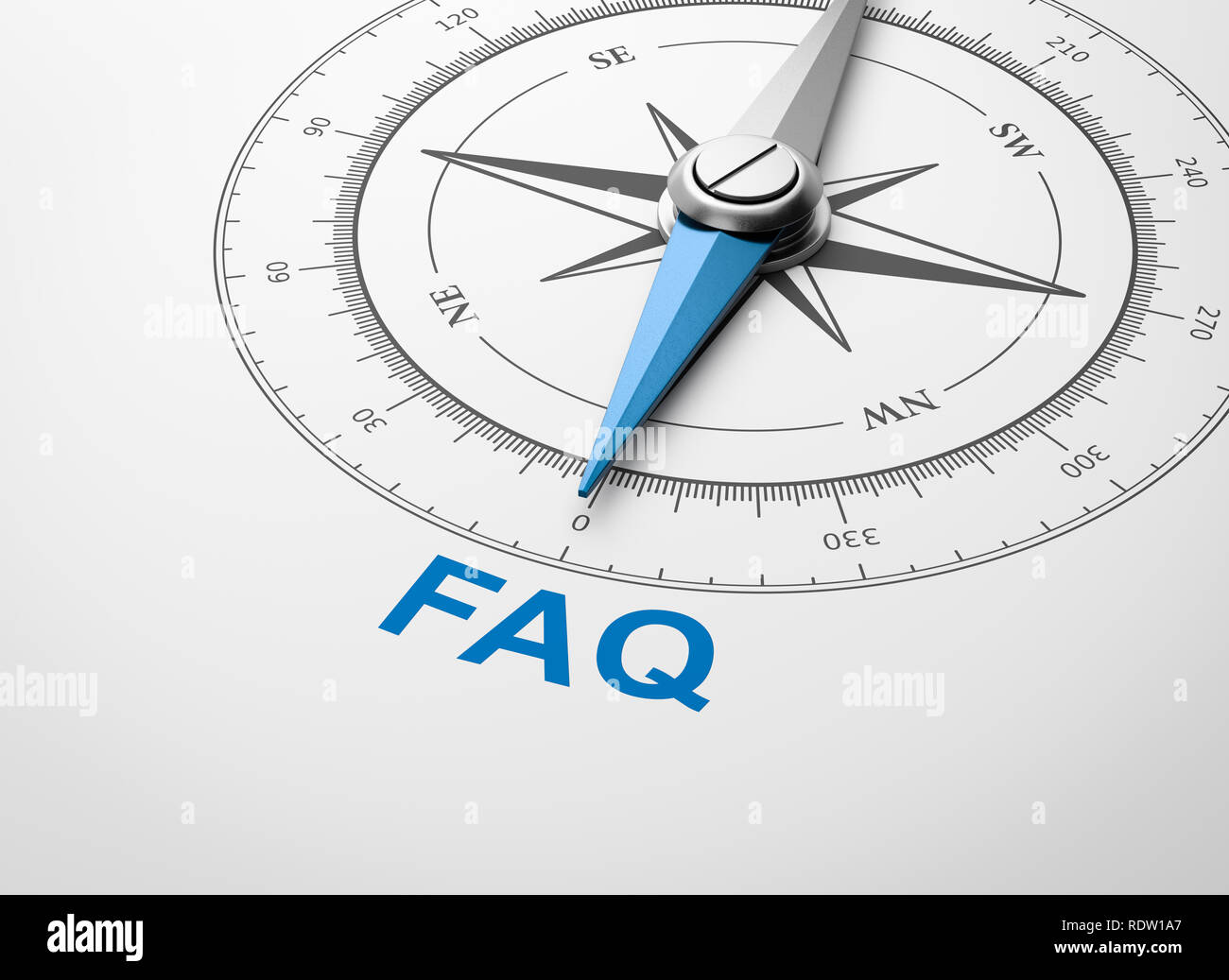 Magnetic Compass with Needle Pointing Blue FAQ Word on White Background 3D Illustration Stock Photo