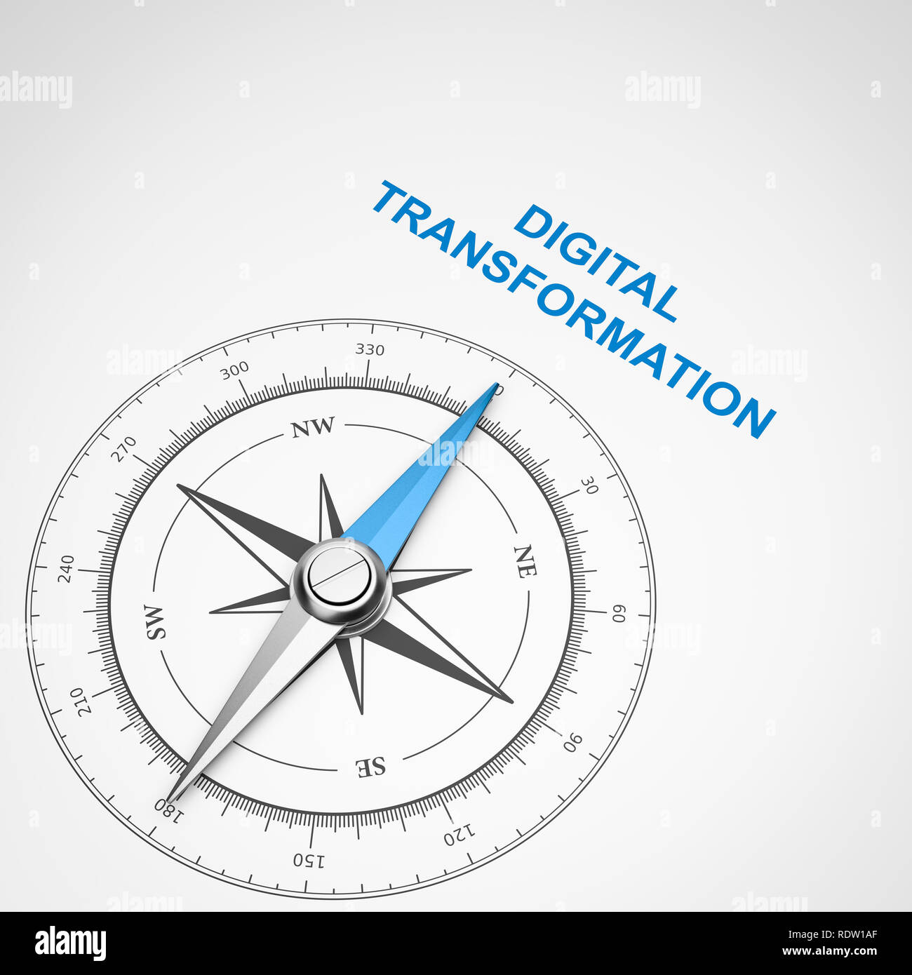 Magnetic Compass with Needle Pointing Blue Digital Transformation Text on White Background 3D Illustration Stock Photo