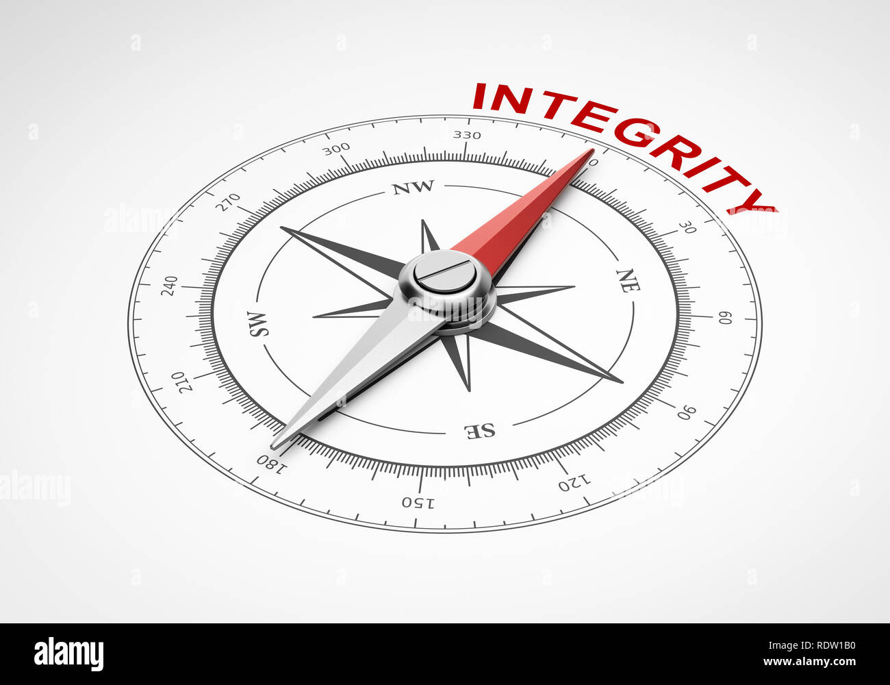 Magnetic Compass with Needle Pointing Red Integrity Word on White Background 3D Illustration Stock Photo