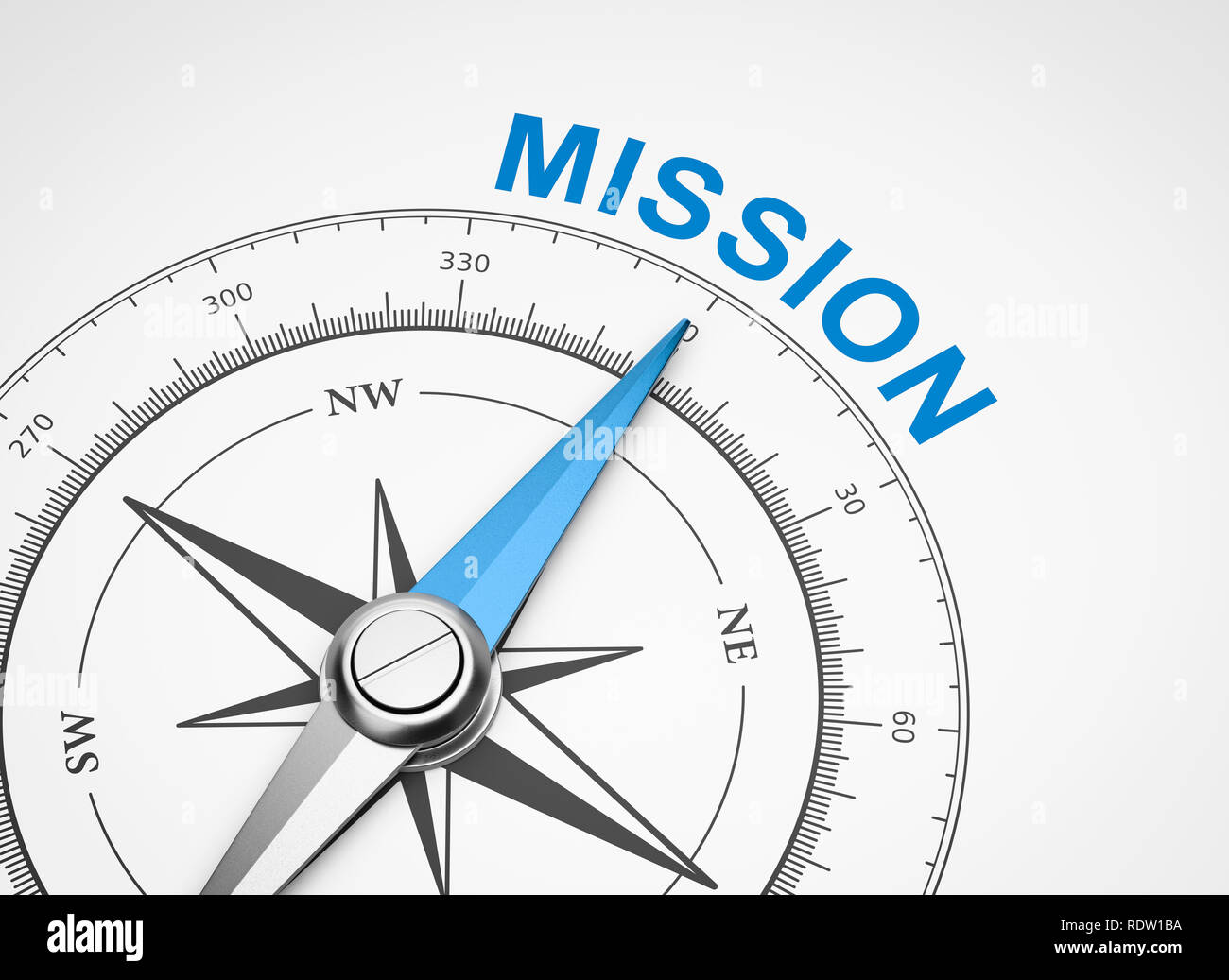 Magnetic Compass with Needle Pointing Blue Mission Word on White Background 3D Illustration Stock Photo