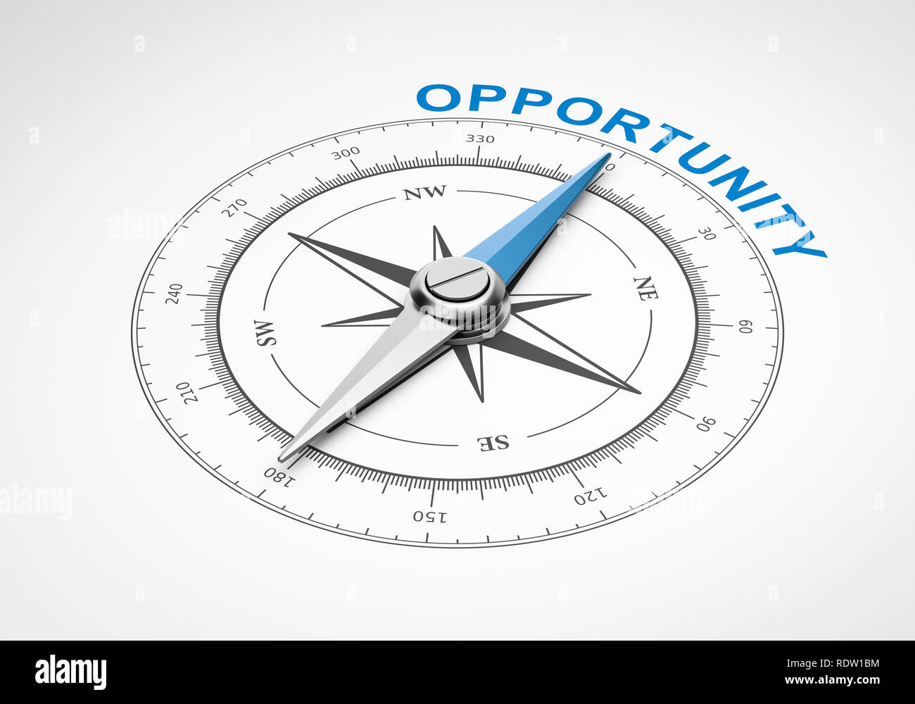 Magnetic Compass with Needle Pointing Blue Opportunity Word on White Background 3D Illustration Stock Photo