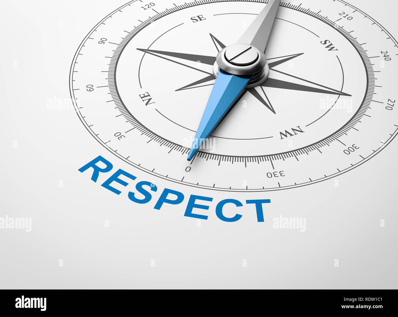 Magnetic Compass with Needle Pointing Blue Respect Word on White Background 3D Illustration Stock Photo