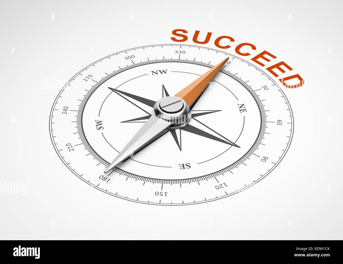 Magnetic Compass with Needle Pointing Orange Succeed Word on White Background 3D Illustration Stock Photo