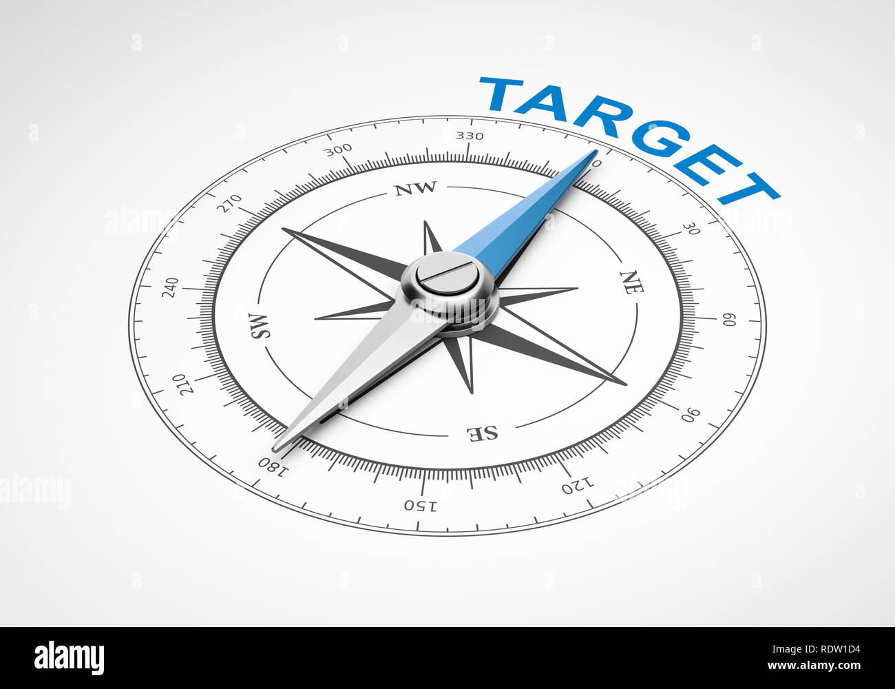 Magnetic Compass with Needle Pointing Blue Target Word on White Background 3D Illustration Stock Photo