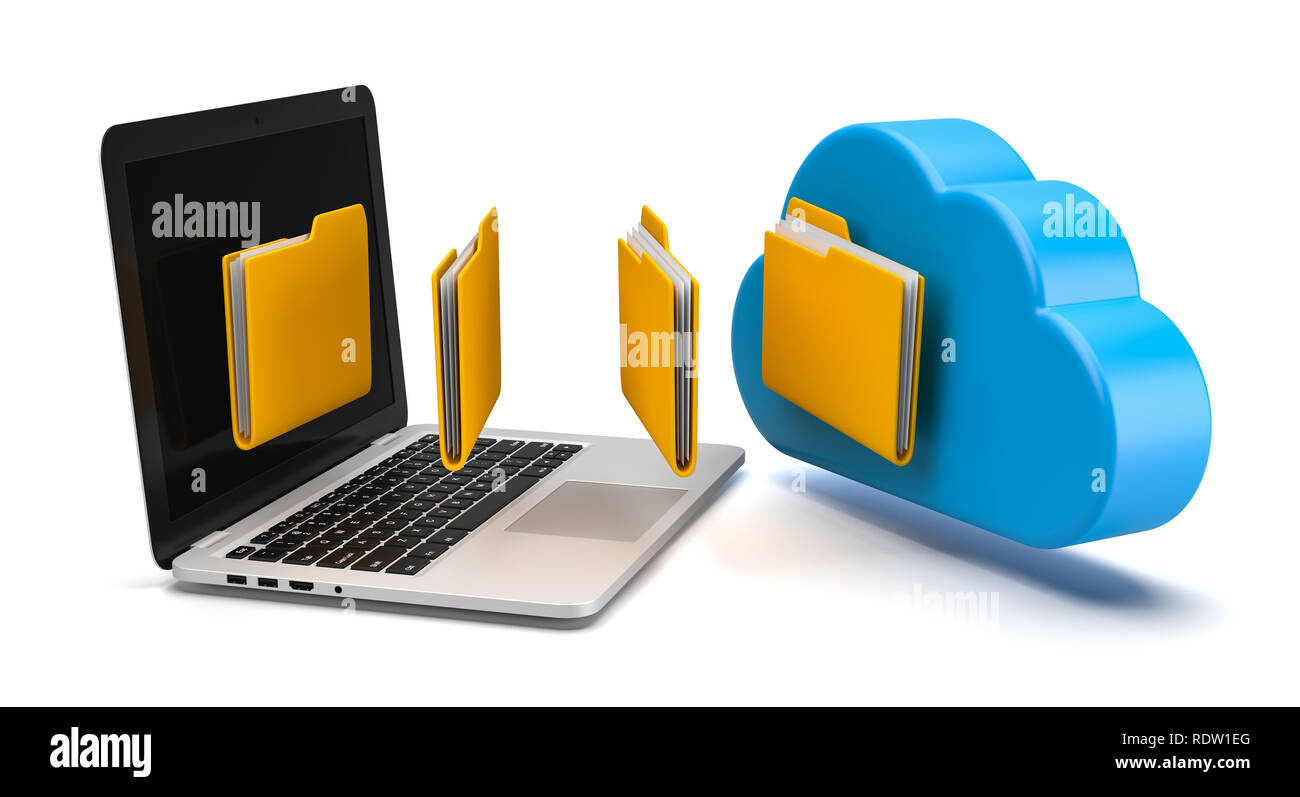 Laptop Computer Transferring Data to a Blue Cloud 3D Illustration on White Background Stock Photo